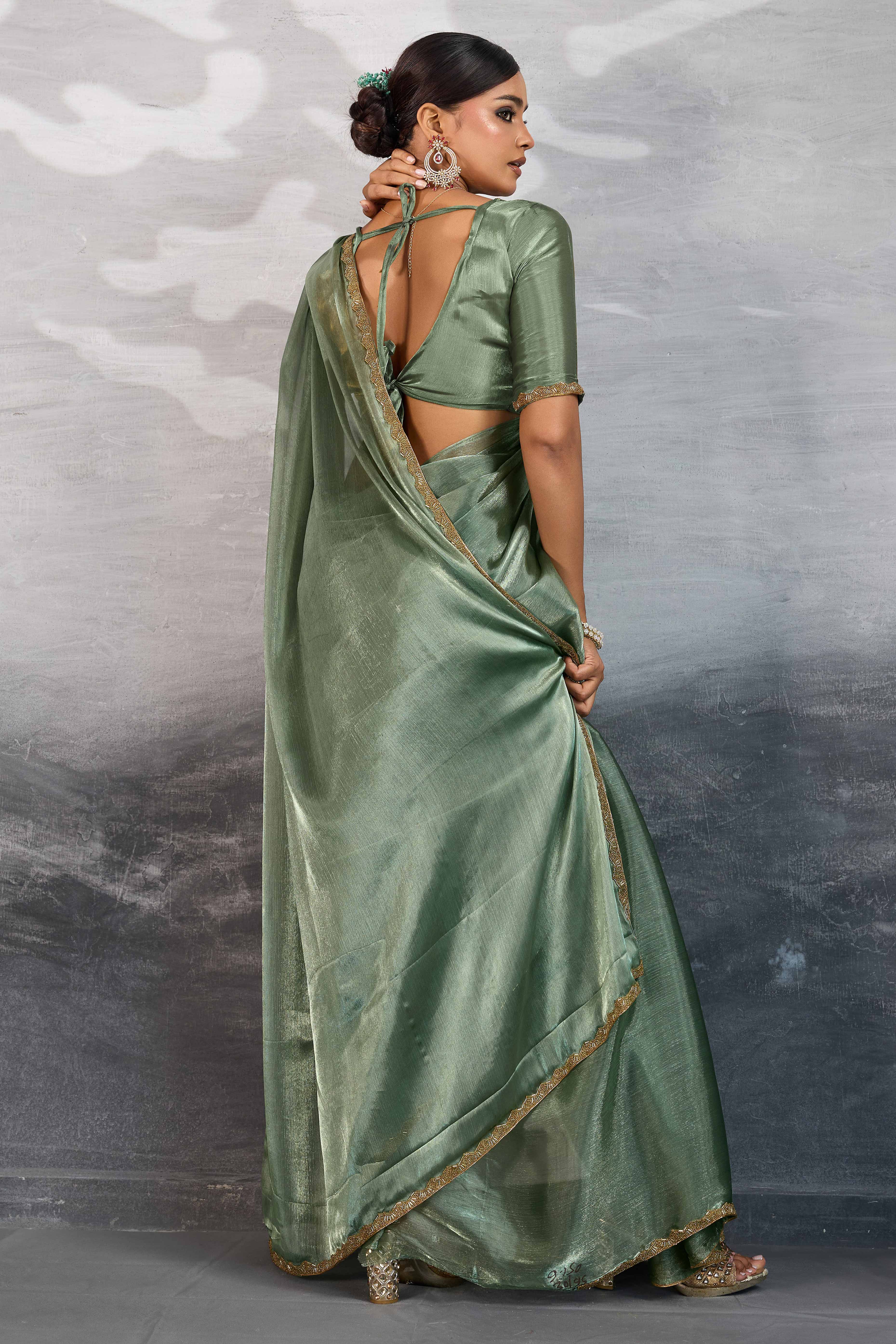 Solid Sage Green Chiffon Saree Featuring Beads Embellished Border