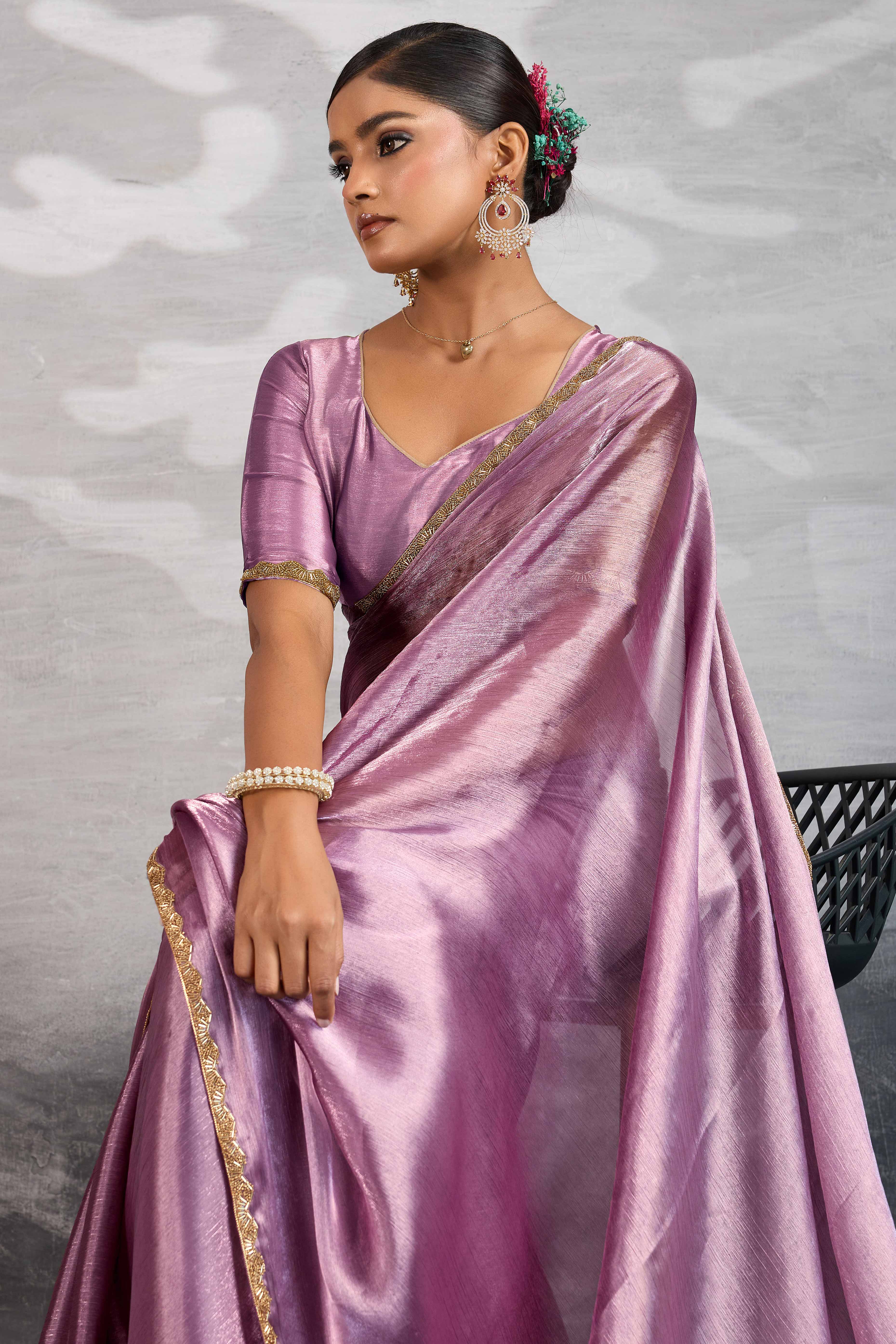 Solid Lilac Purple Chiffon Saree Featuring Beads Embellished Border