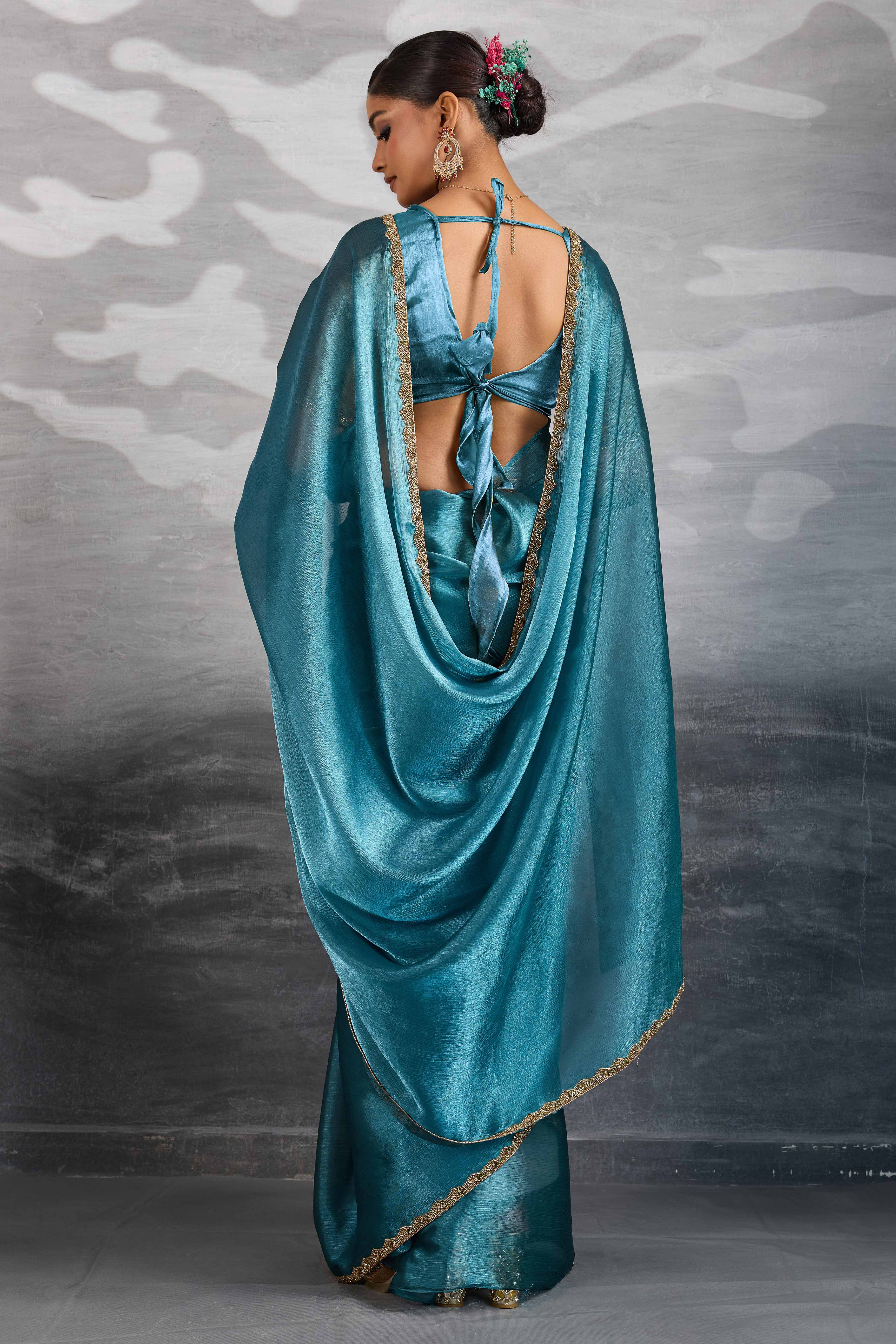 Solid Teal Chiffon Saree Featuring Beads Embellished Border