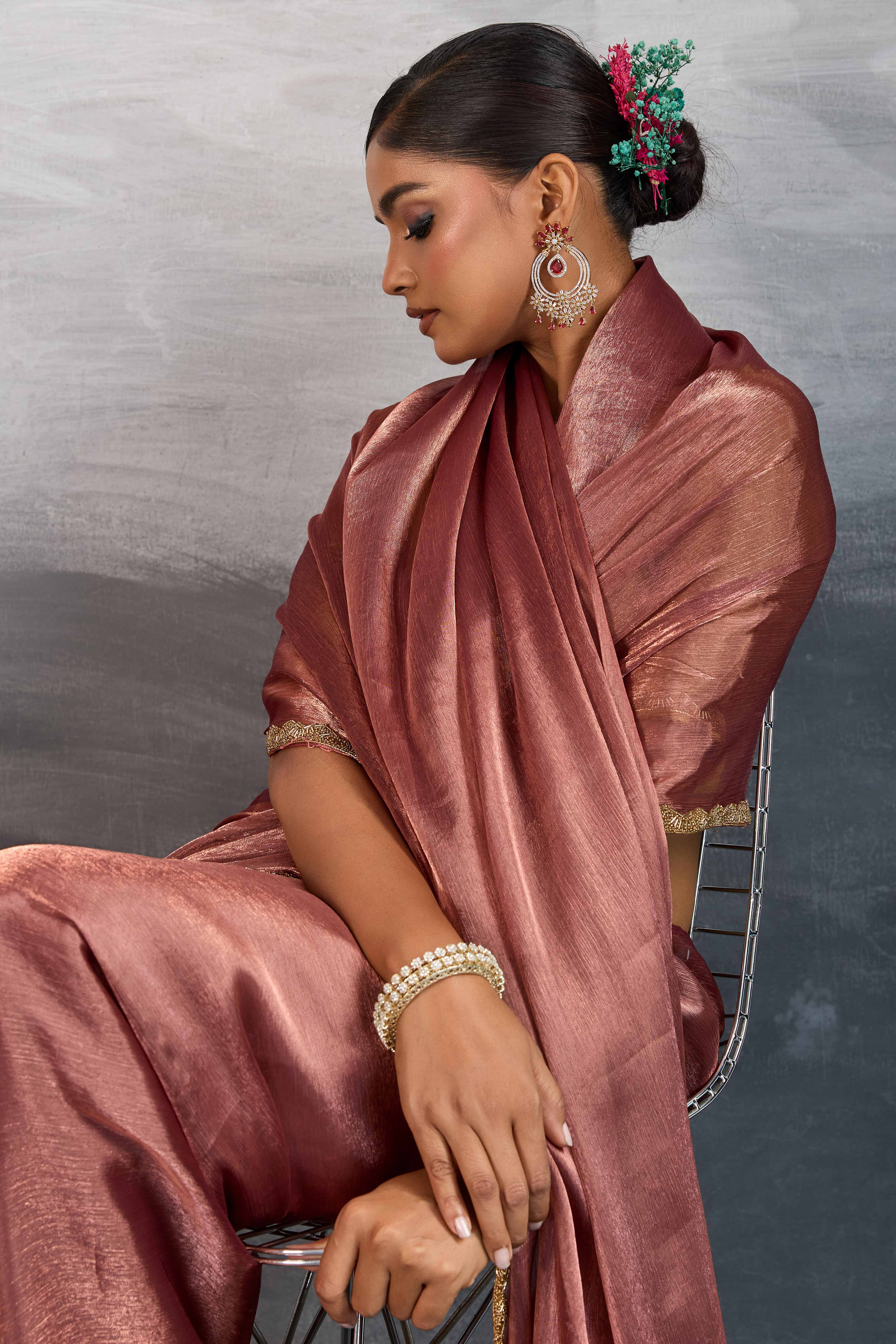 Solid Copper Red Chiffon Saree Featuring Beads Embellished Border