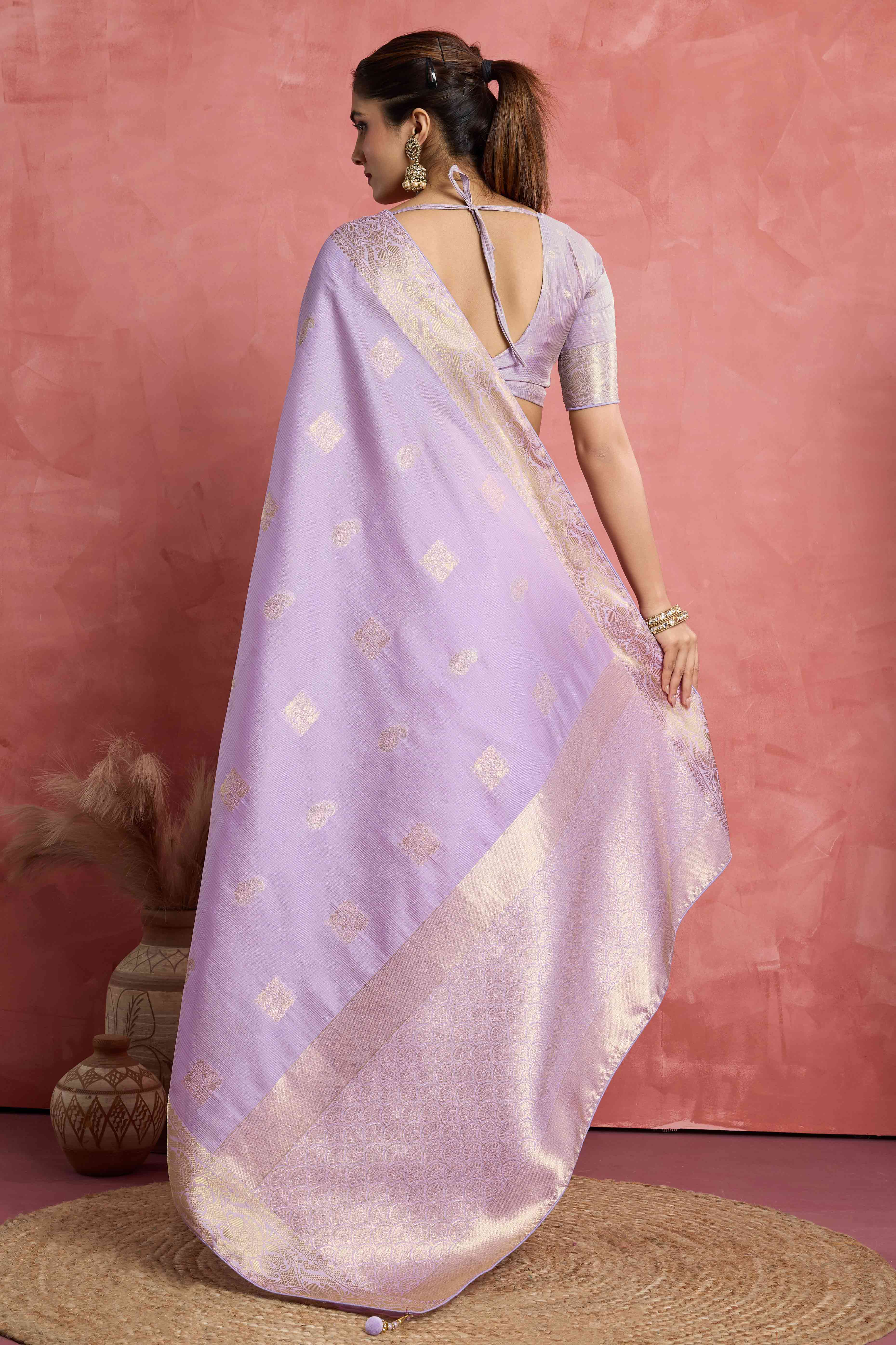 Contemporary Lavender Silk Blend Saree Flaunting Alternate Buttas With Piping & Tassel Accents