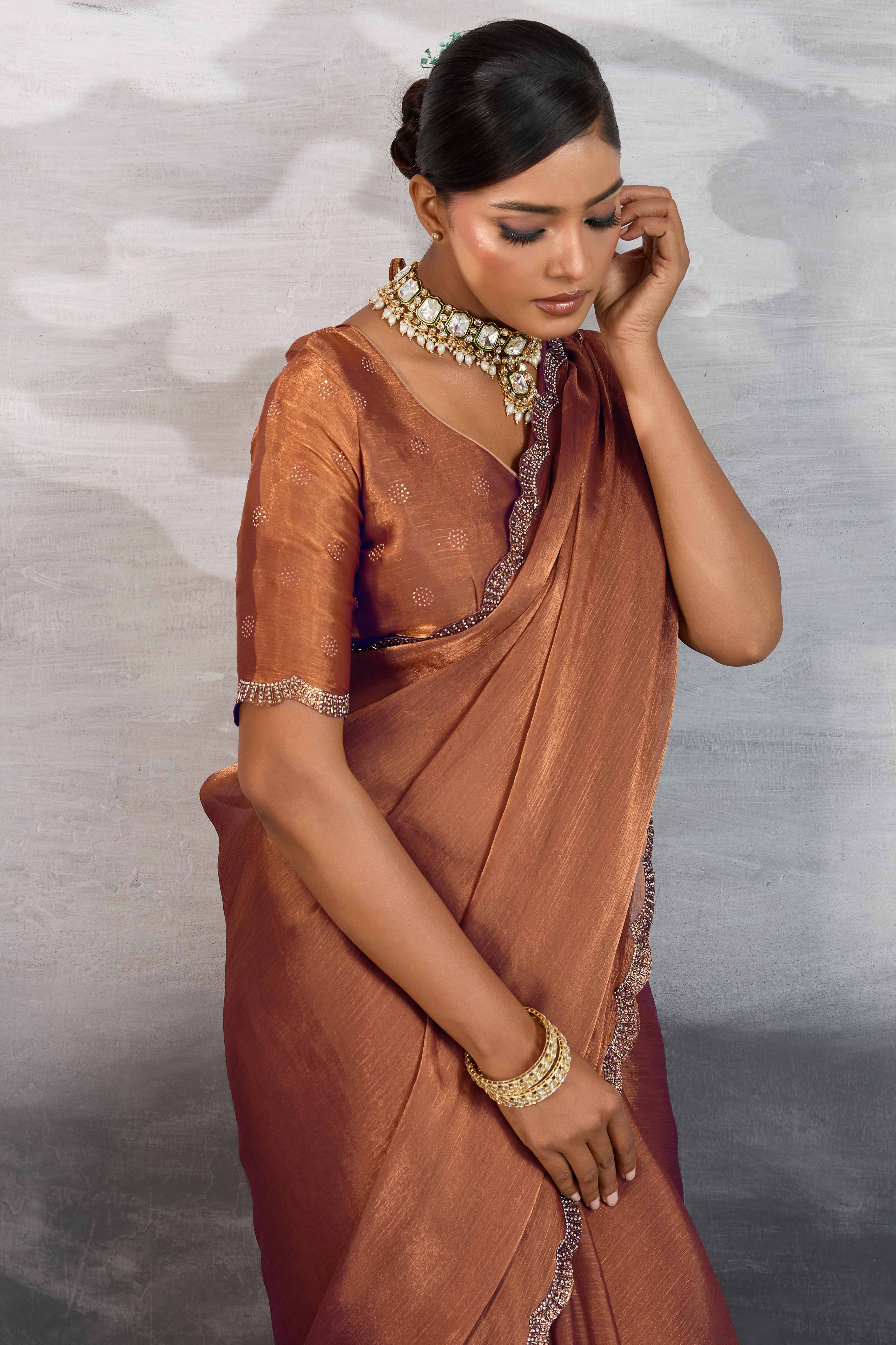 Rust Burberry Chiffon Saree Embellished With Zarkan & Cutdana Appliqué Lace Border