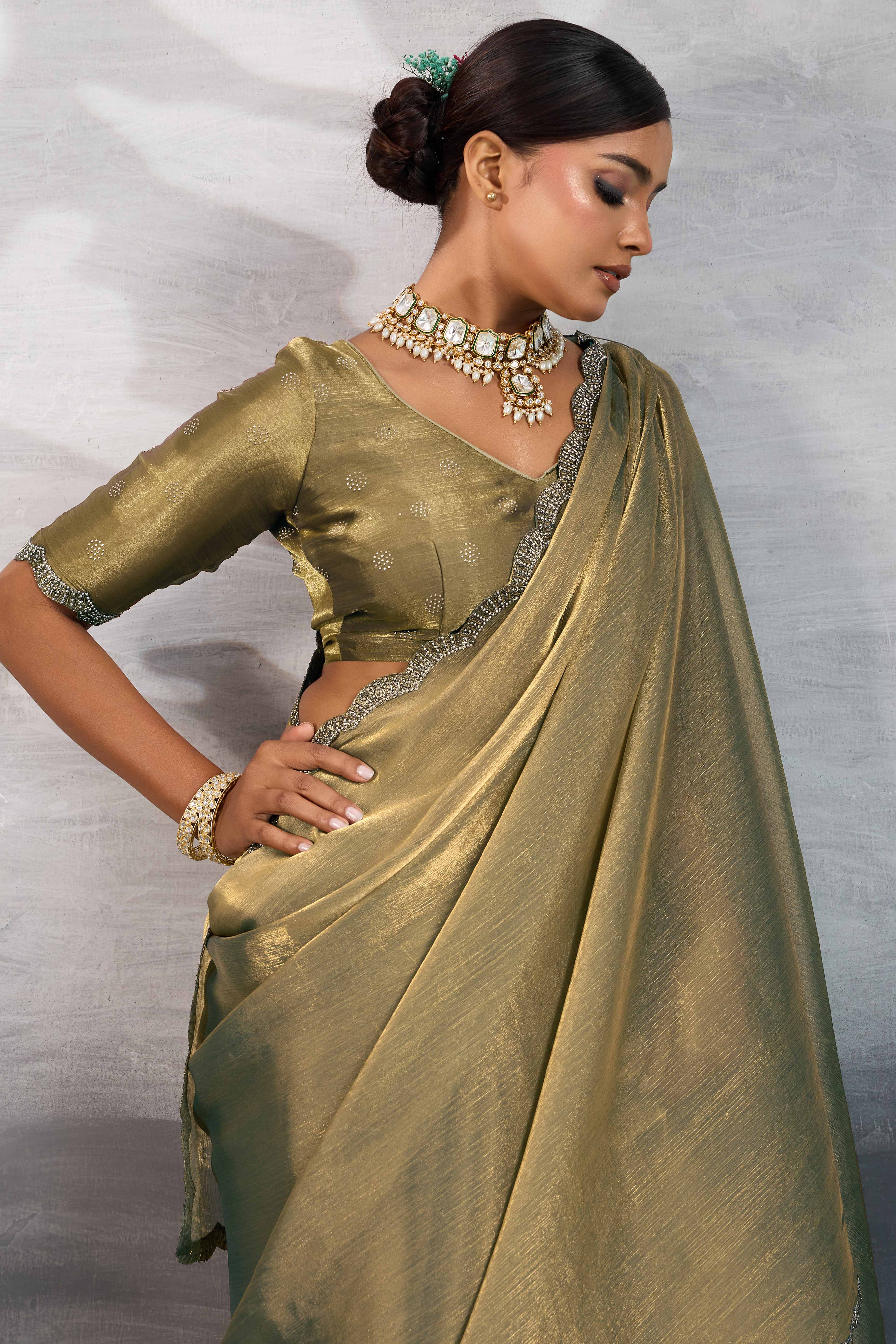 Grey Burberry Chiffon Saree Embellished With Zarkan & Cutdana Appliqué Lace Border