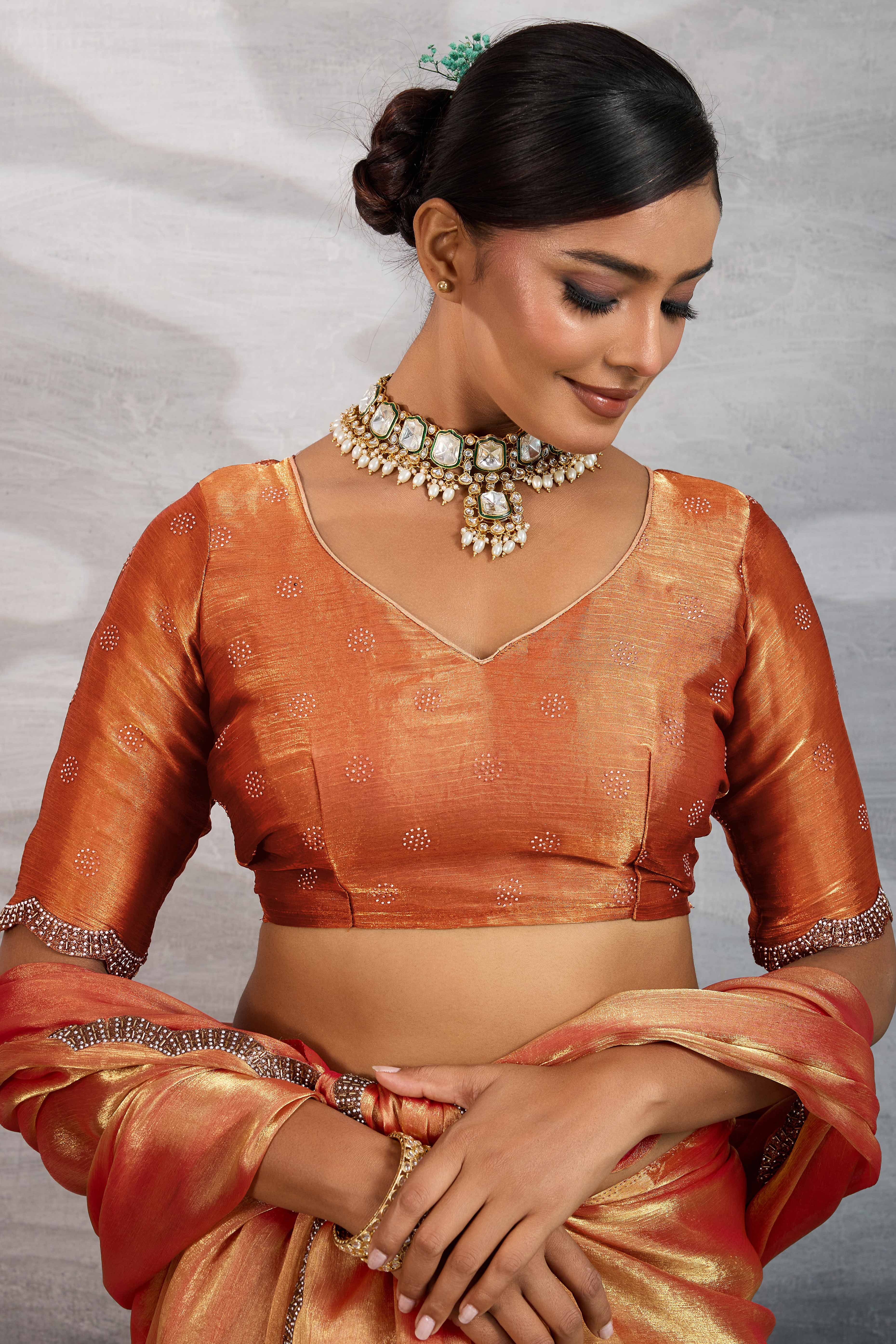 Peach Burberry Chiffon Saree Embellished With Zarkan & Cutdana Appliqué Lace Border