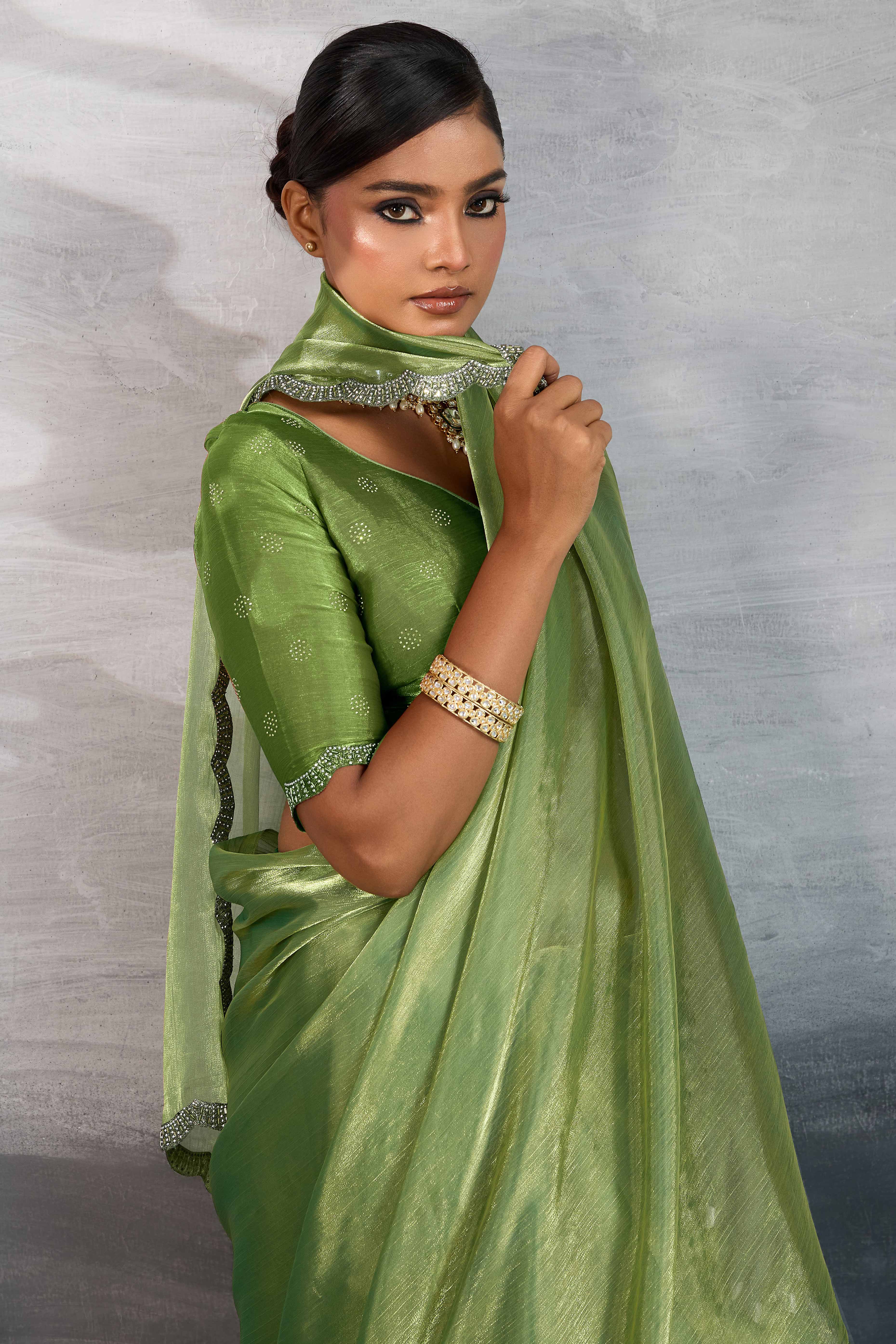 Green Burberry Chiffon Saree Embellished With Zarkan & Cutdana Appliqué Lace Border