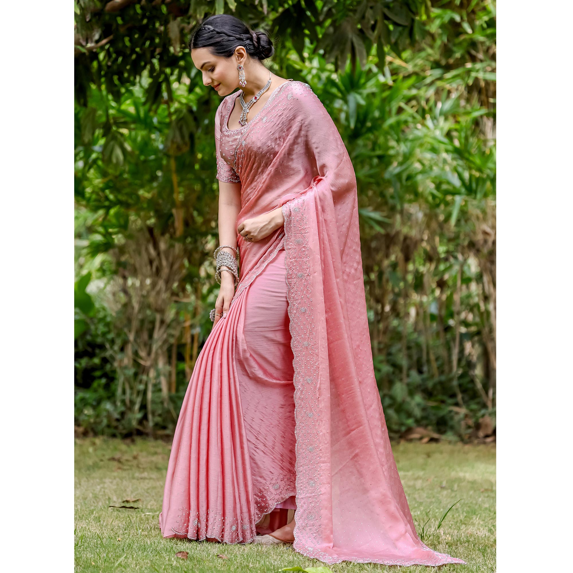 Pink Embellished Satin Saree With Stones Work