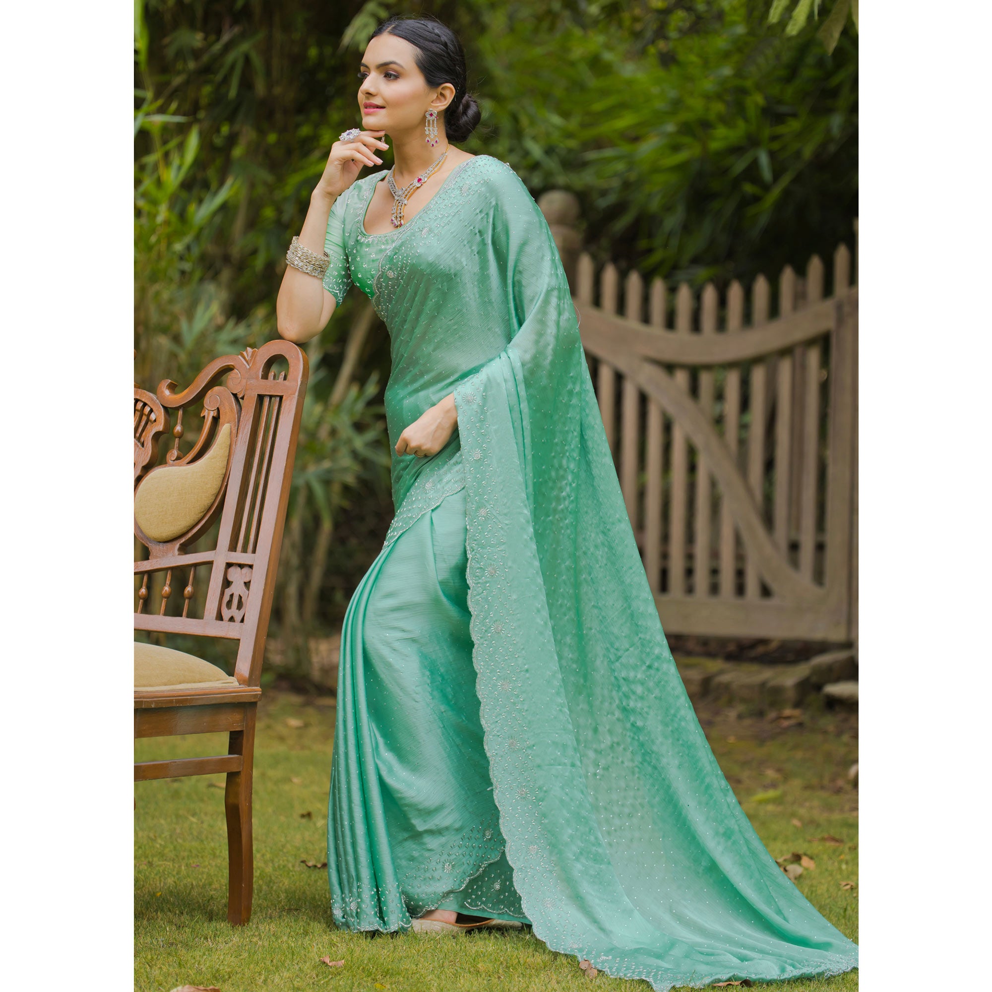 Rama Green Embellished Satin Saree With Stones Work