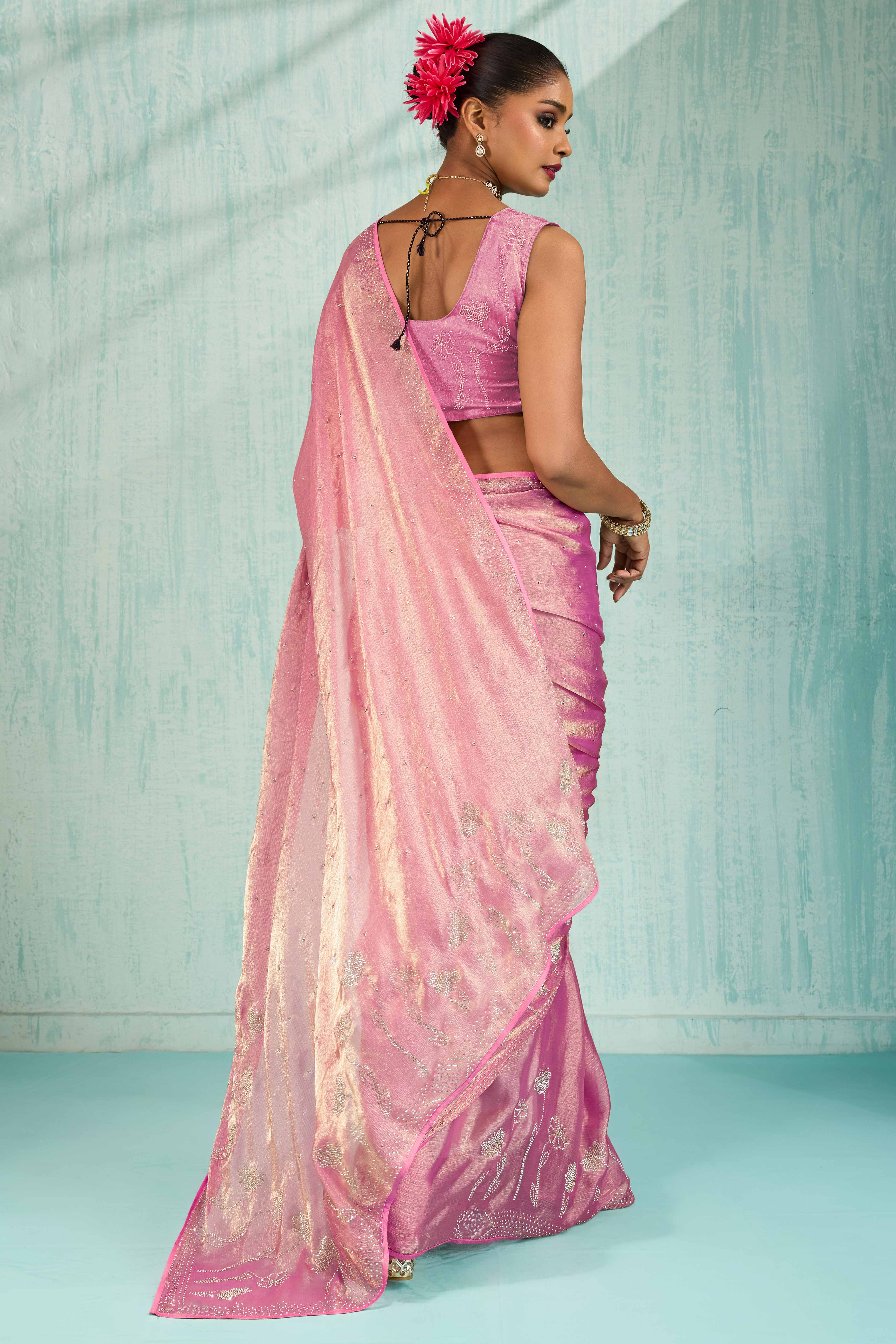 Elegant Party Wear Saree in Pink Chiffon with Stone Embellishment