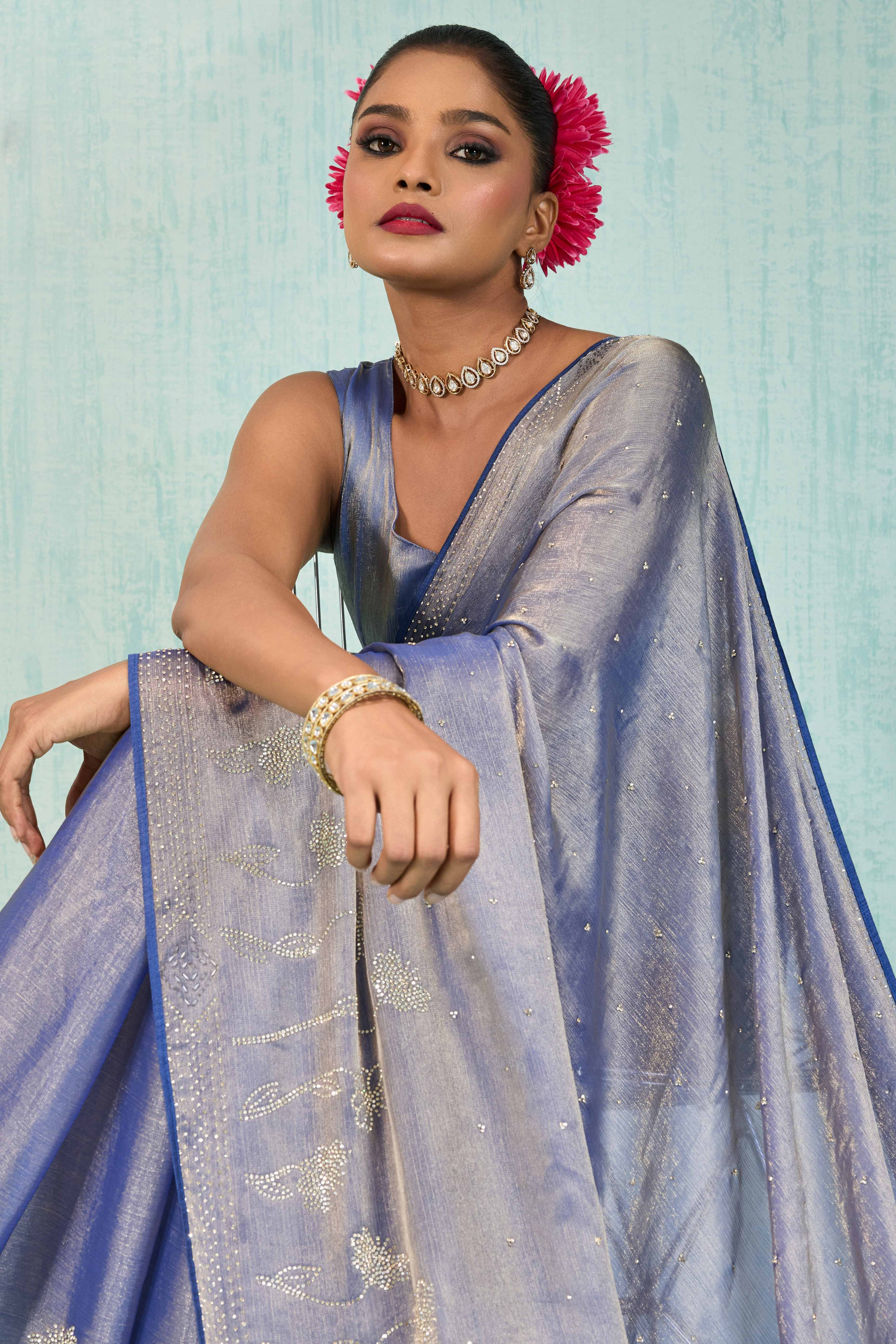 Elegant Party Wear Saree in Lavender Chiffon with Stone Embellishment