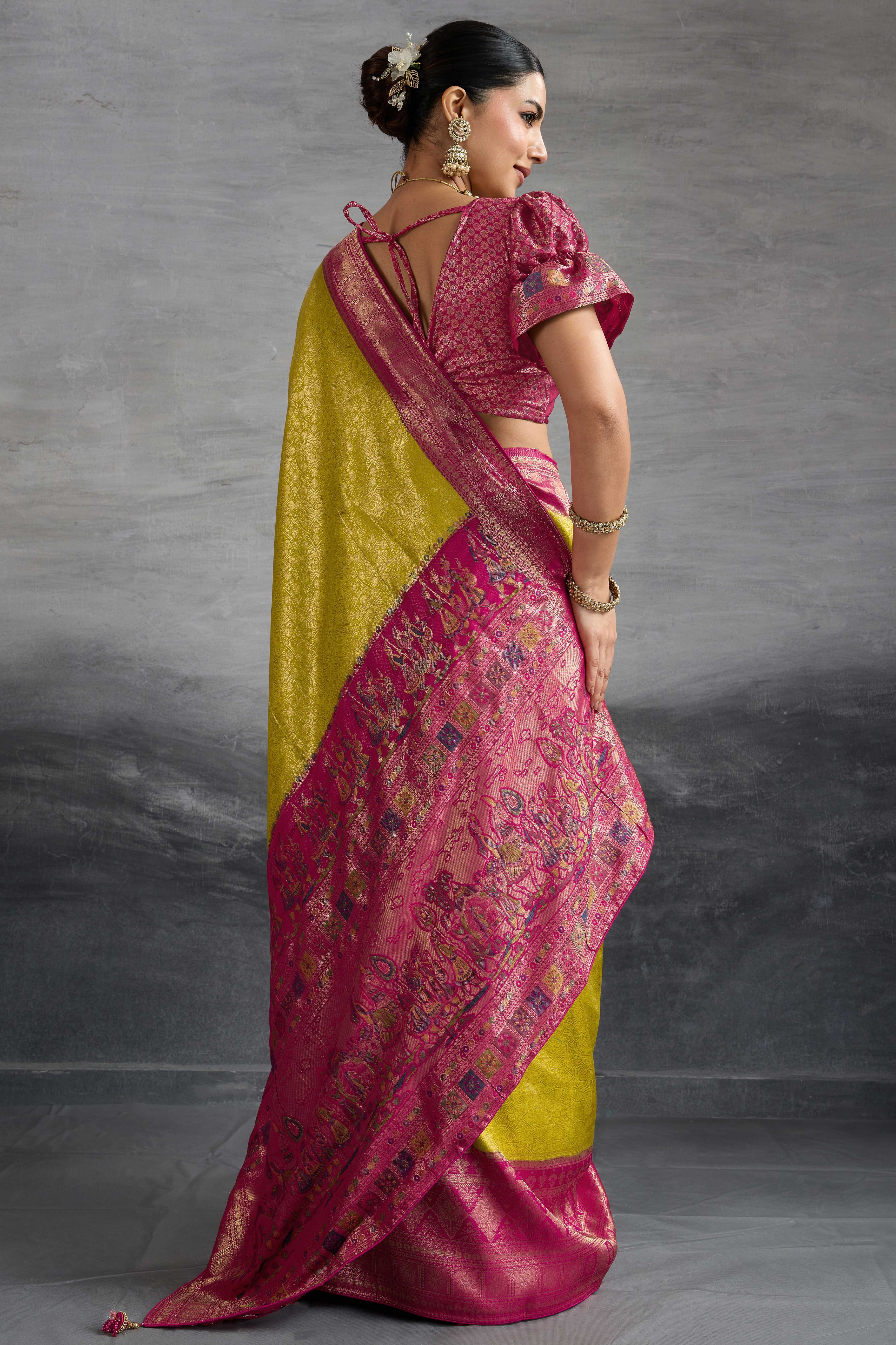 Lime Yellow Silk Kanjivaram Silk Saree Enhanced With Meenakari Weaving Borders