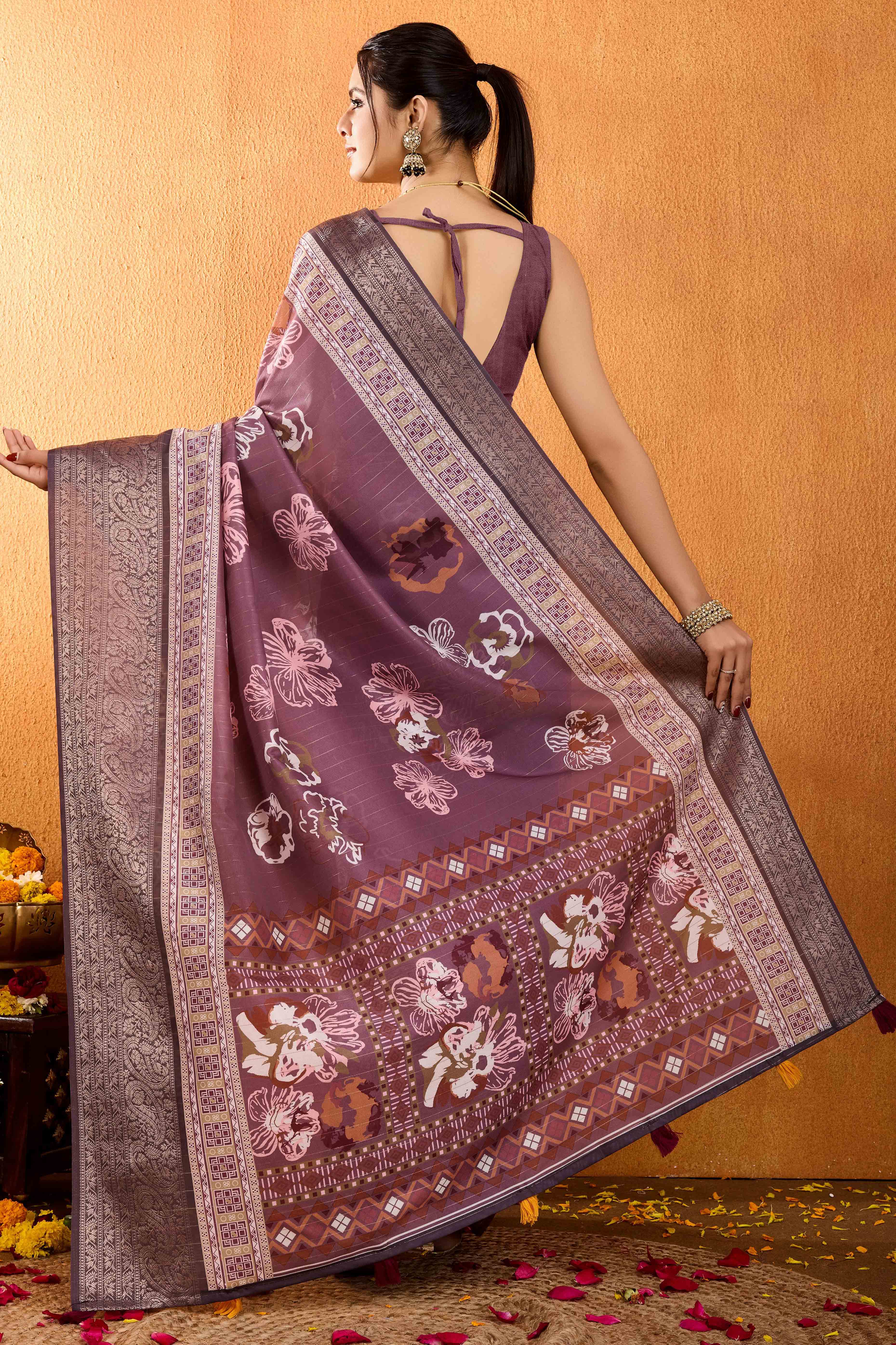 Dark Mauve Floral Printed Crepe Saree With Rich Zari Border
