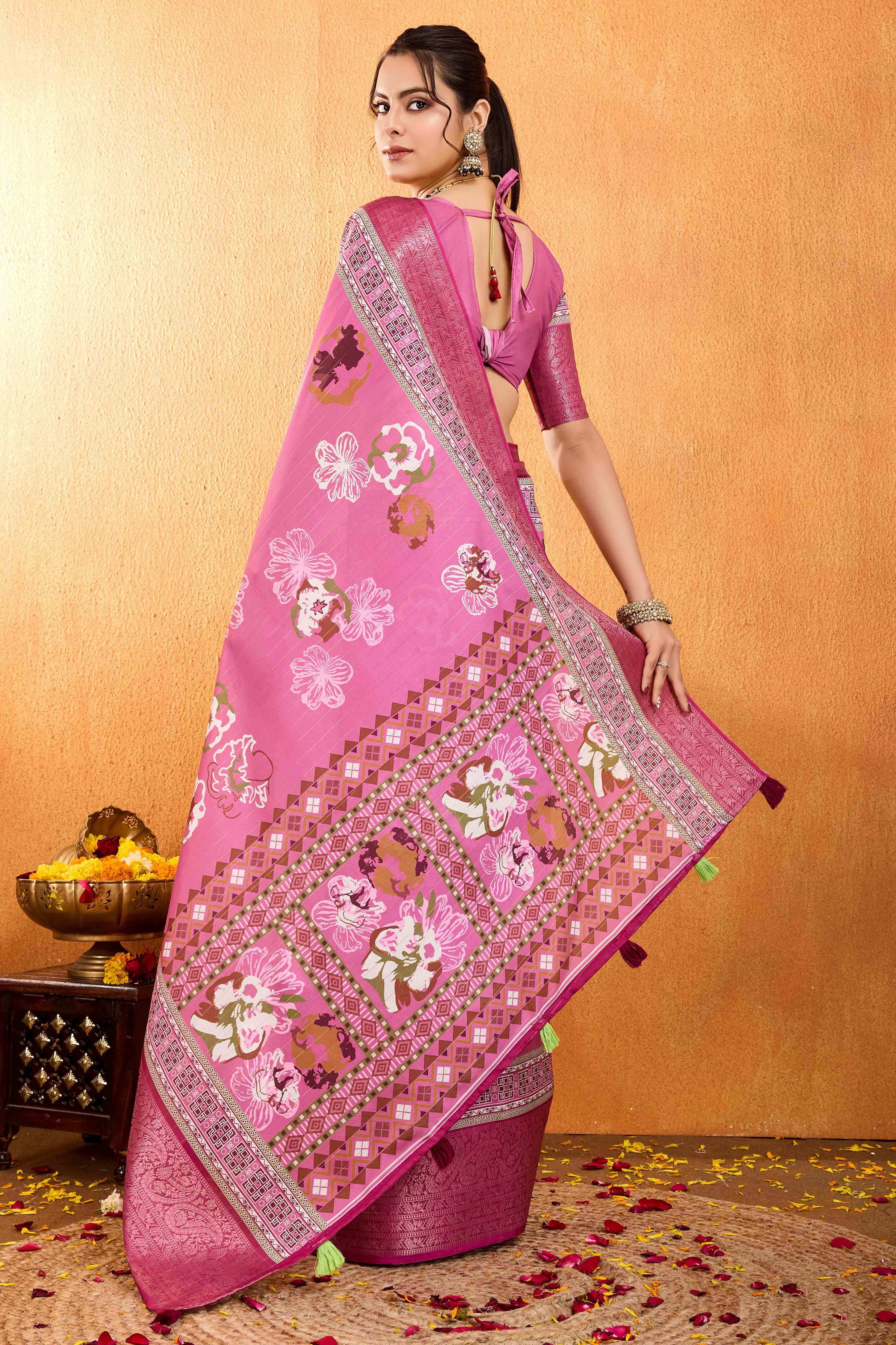 Pink Floral Printed Crepe Saree With Rich Zari Border