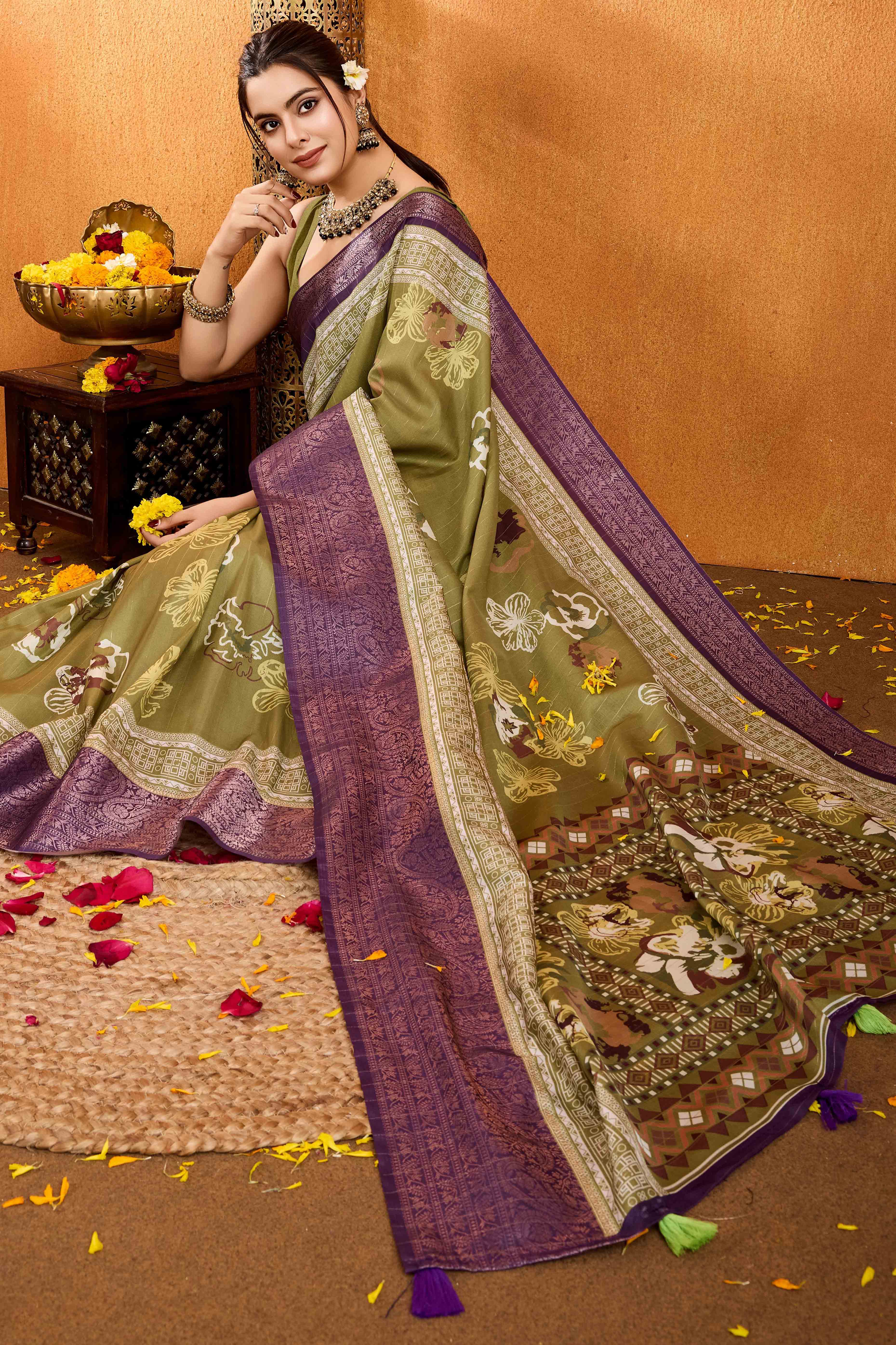 Green Floral Printed Crepe Saree With Rich Zari Border