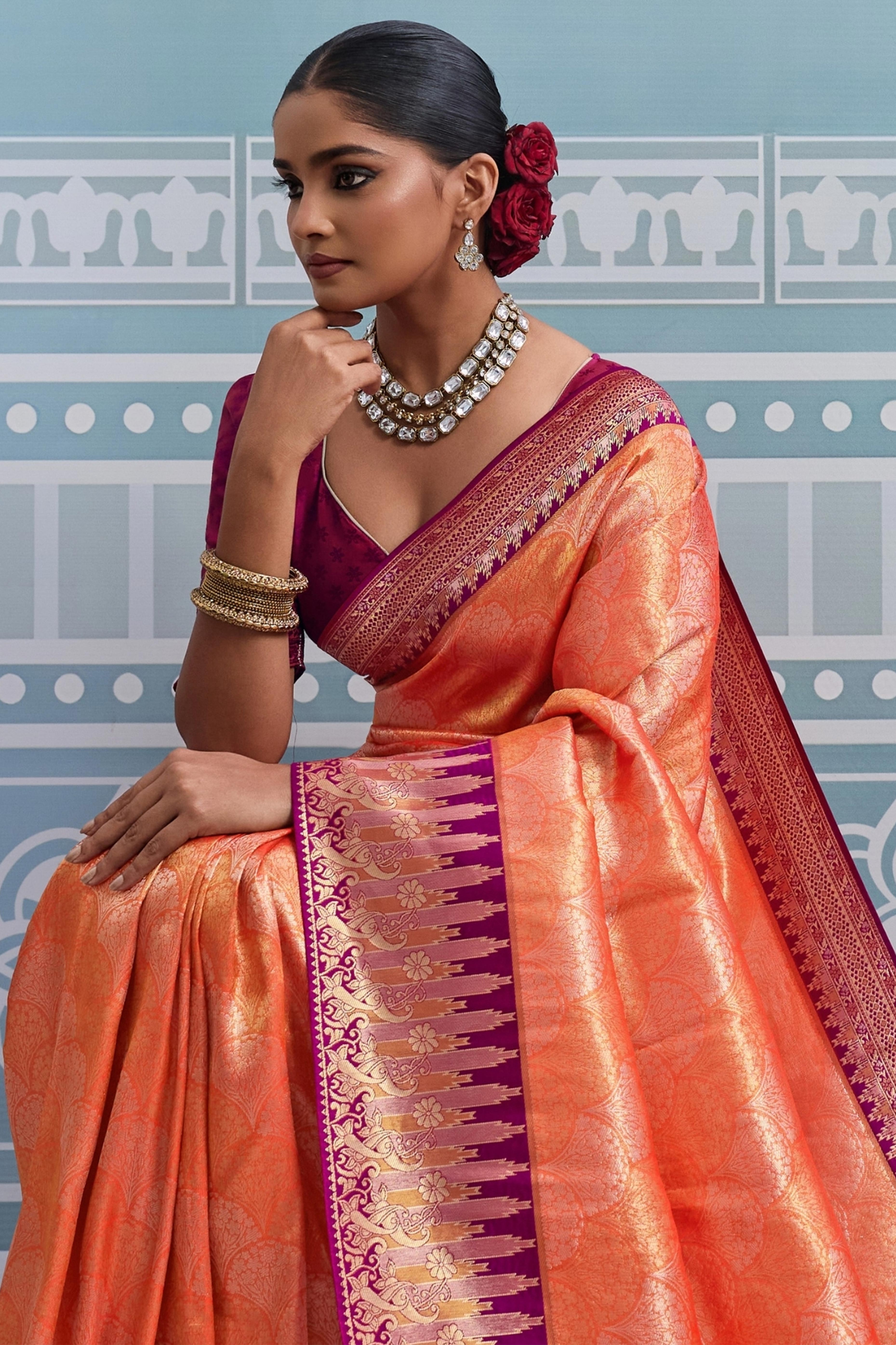 Orange Soft Kanjivaram Silk Saree with Classic Zari Weaving for Elegant Styling