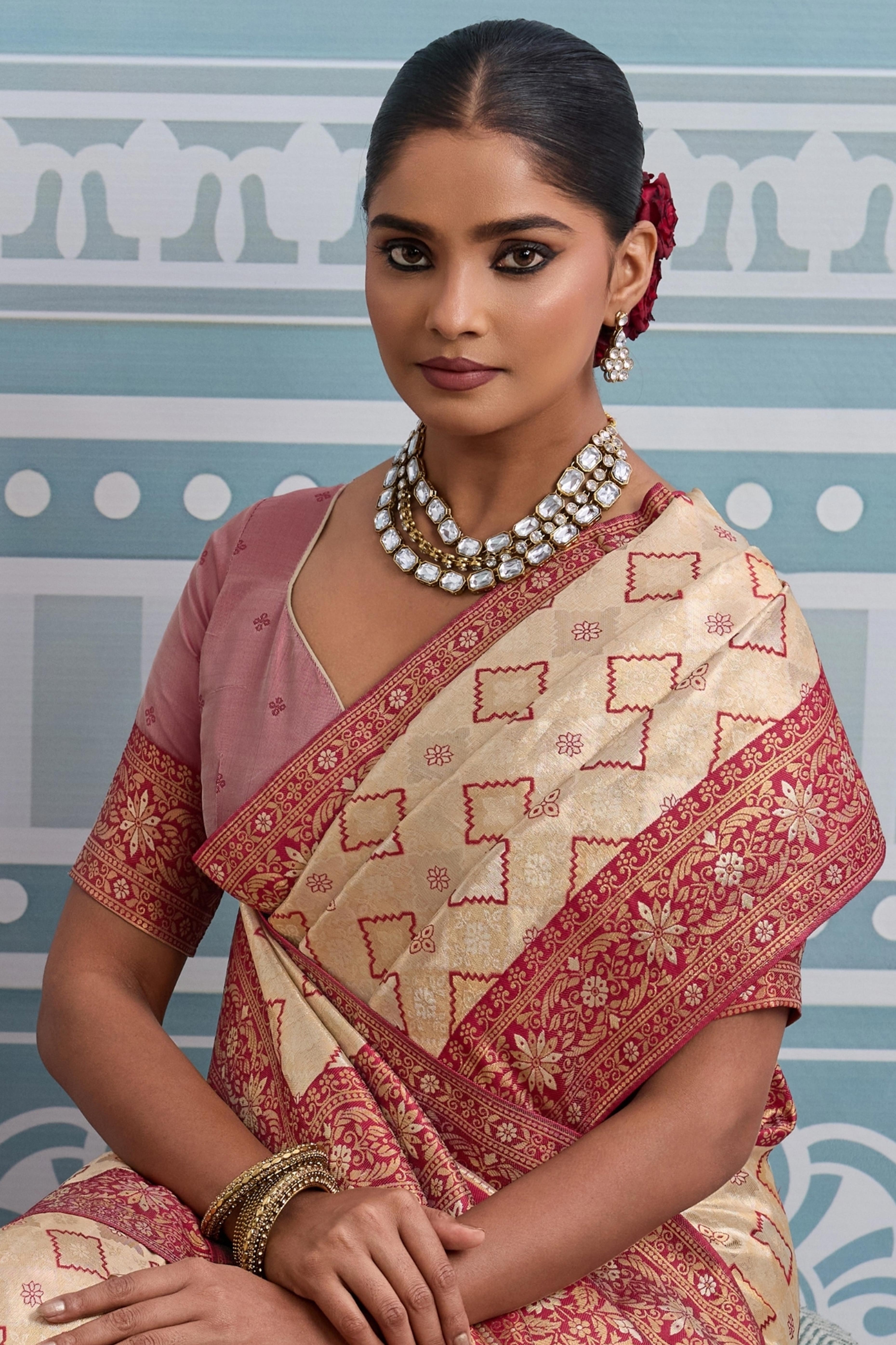 Cream Soft Kanjivaram Silk Saree with Classic Zari Weaving for Elegant Styling