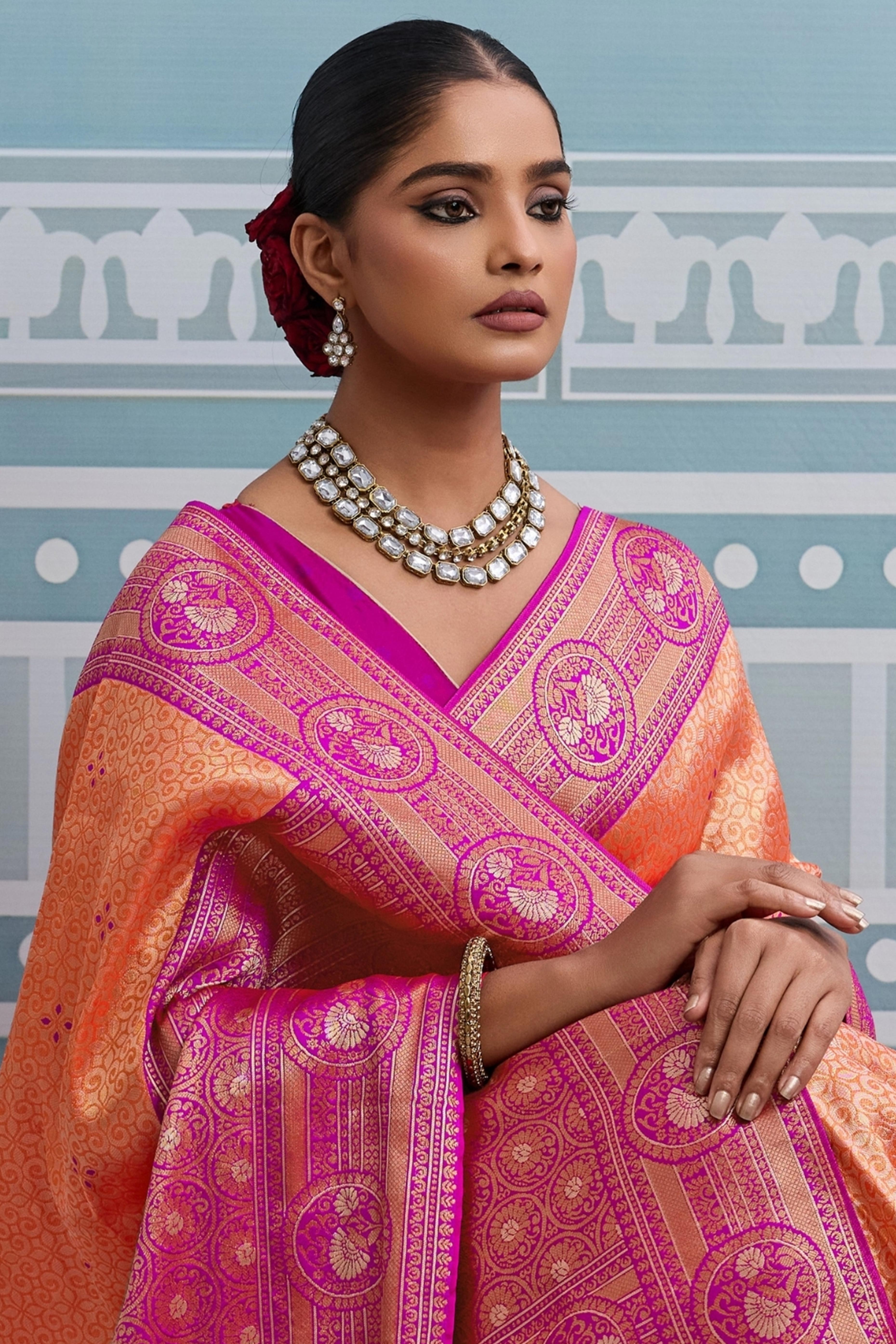 Orange Zari Woven Soft Kanjivaram Silk Saree for Traditional and Special Occasions