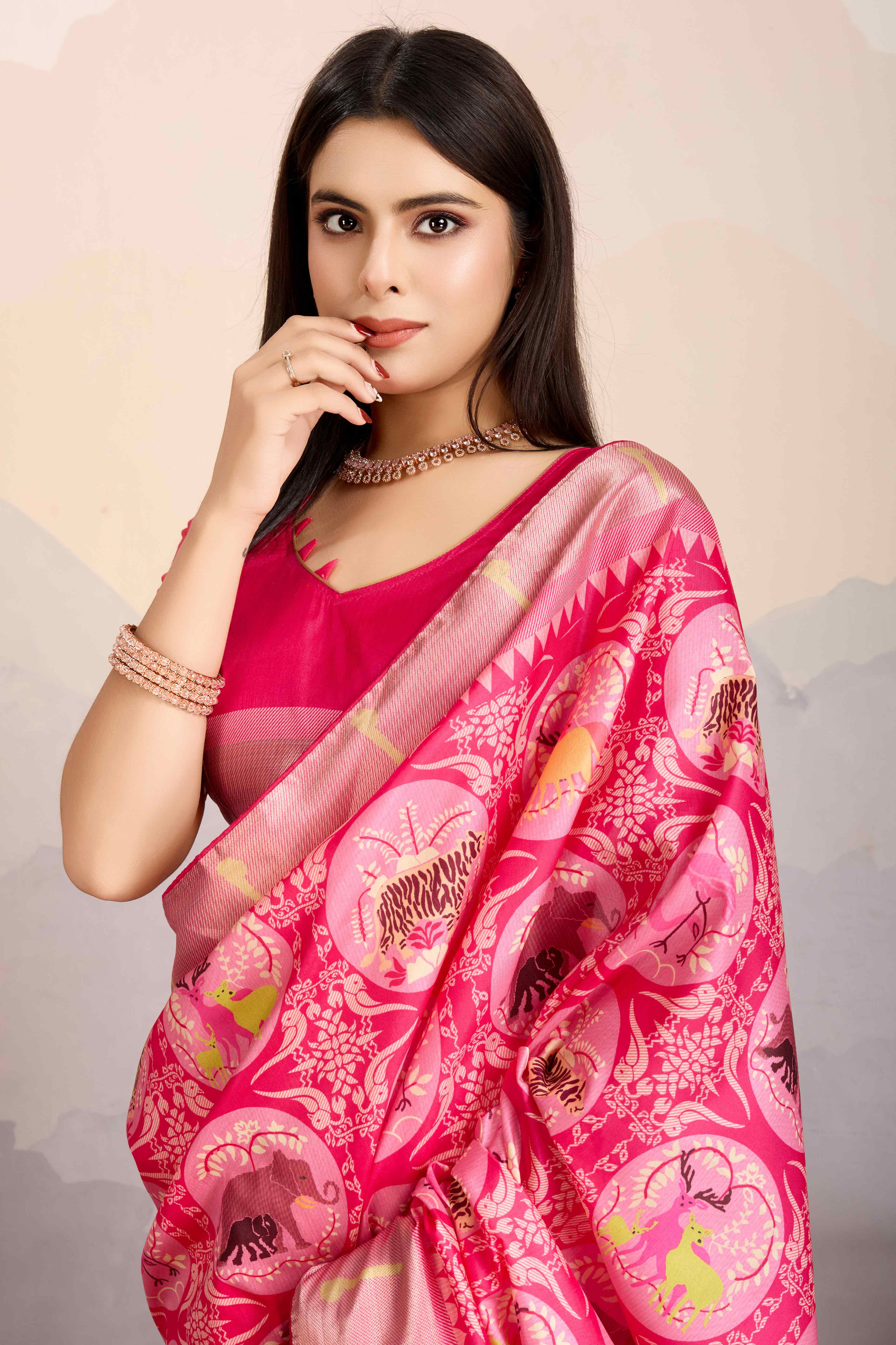 Pink Digital Printed Dola Silk Saree With Exquisite Weaving Zari Border & Opulent Pallu