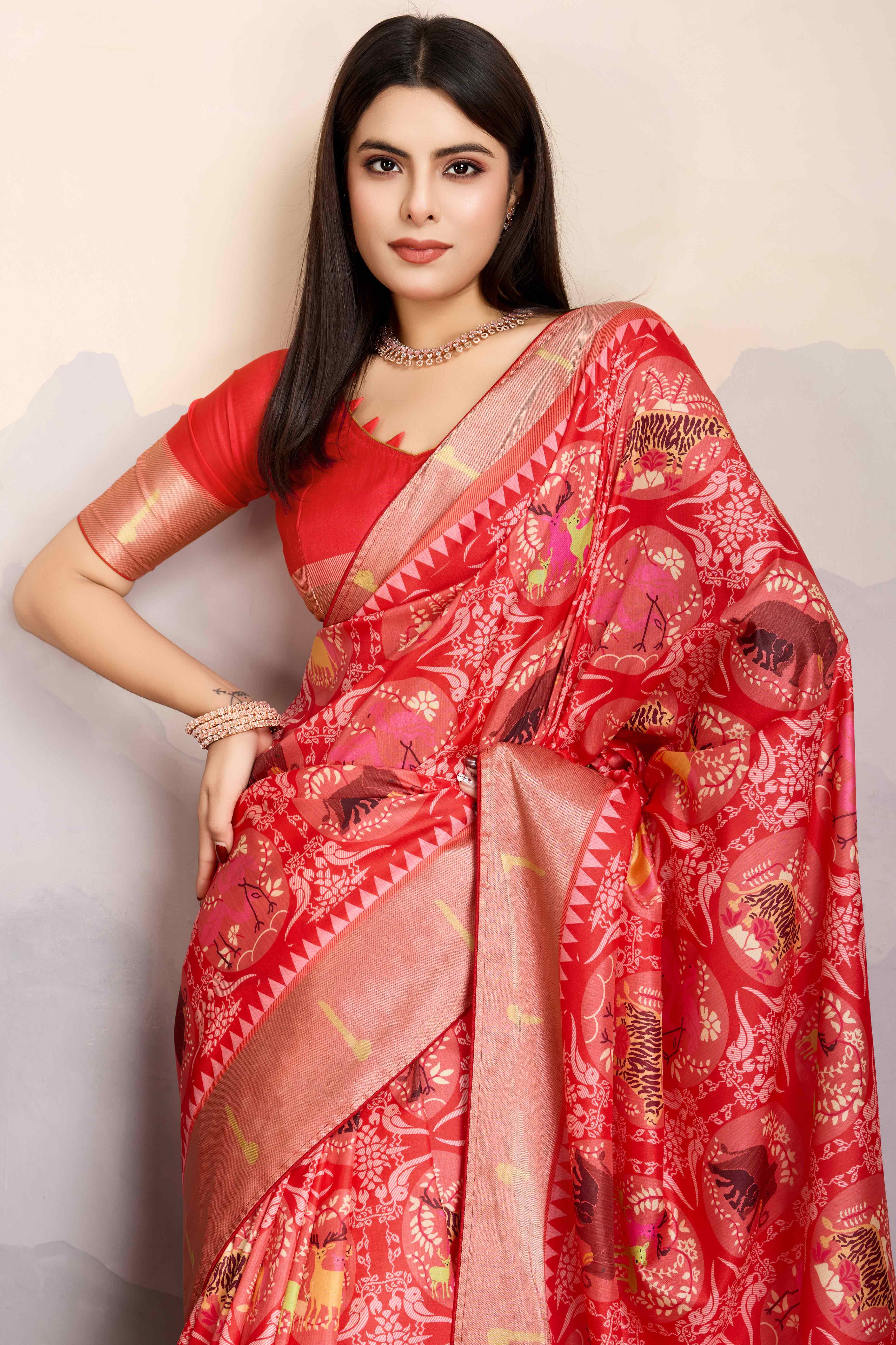 Red Digital Printed Dola Silk Saree With Exquisite Weaving Zari Border & Opulent Pallu