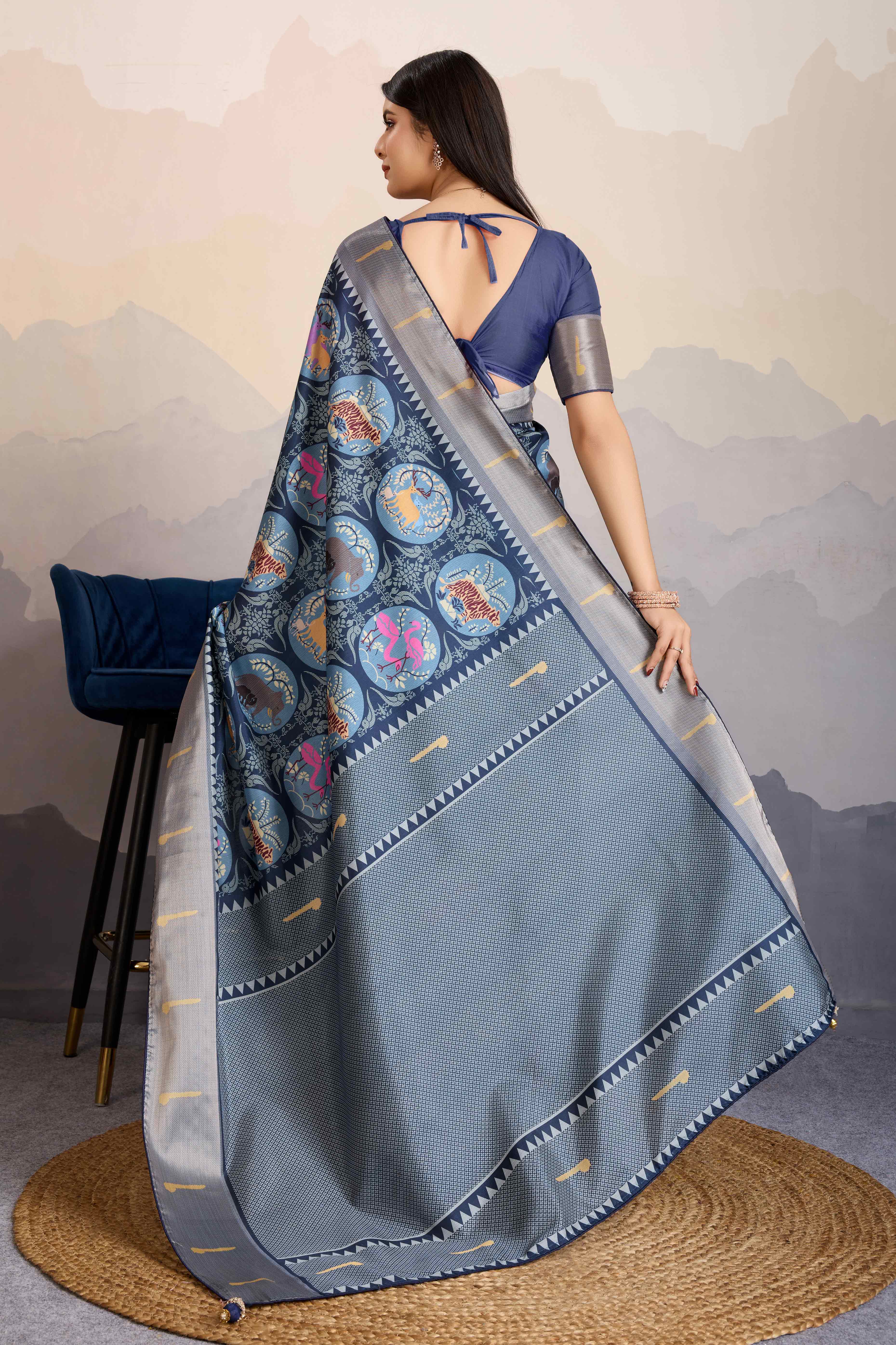 Blue Digital Printed Dola Silk Saree With Exquisite Weaving Zari Border & Opulent Pallu