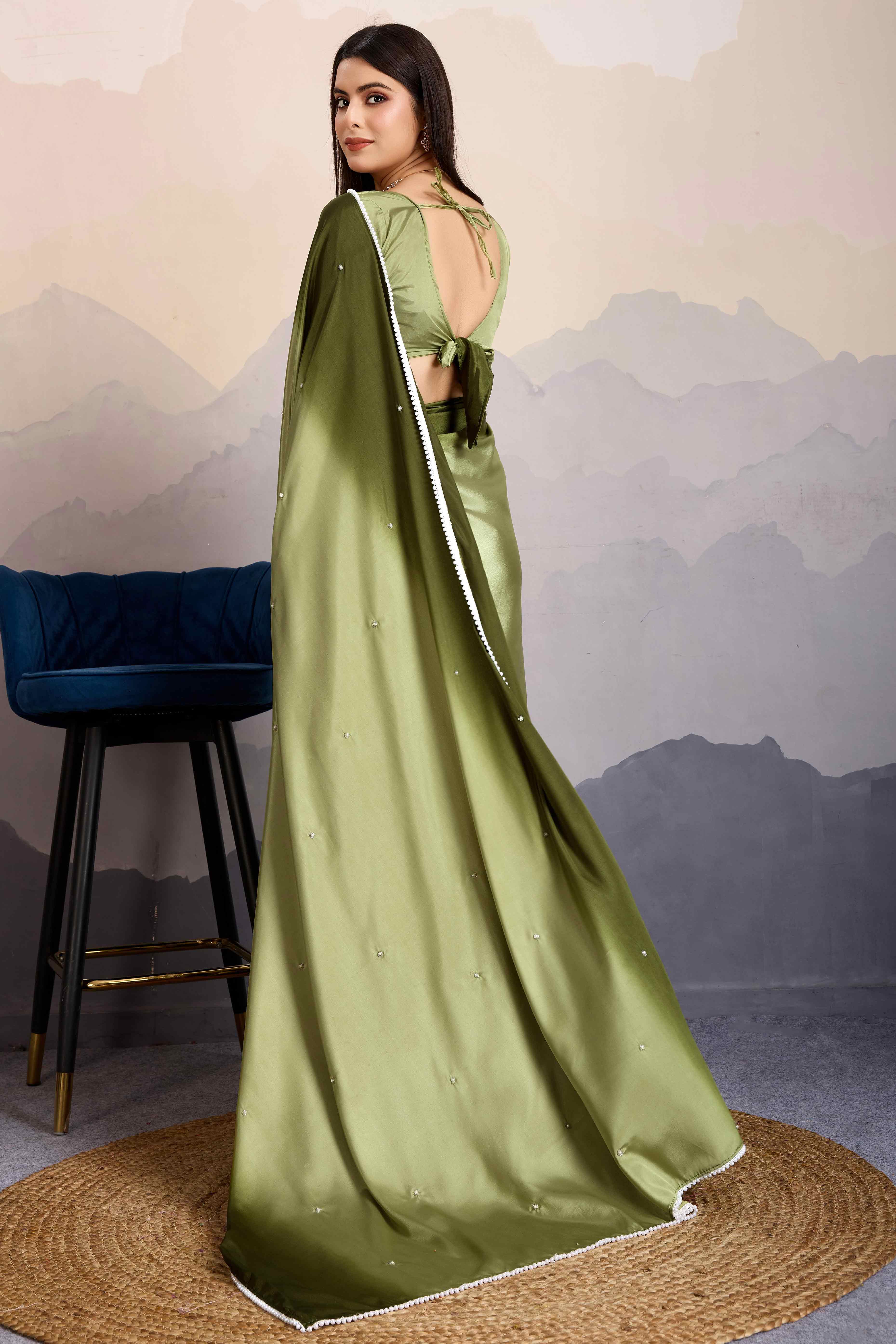 Green Ombre Satin Saree with Delicate Bead Embellishments