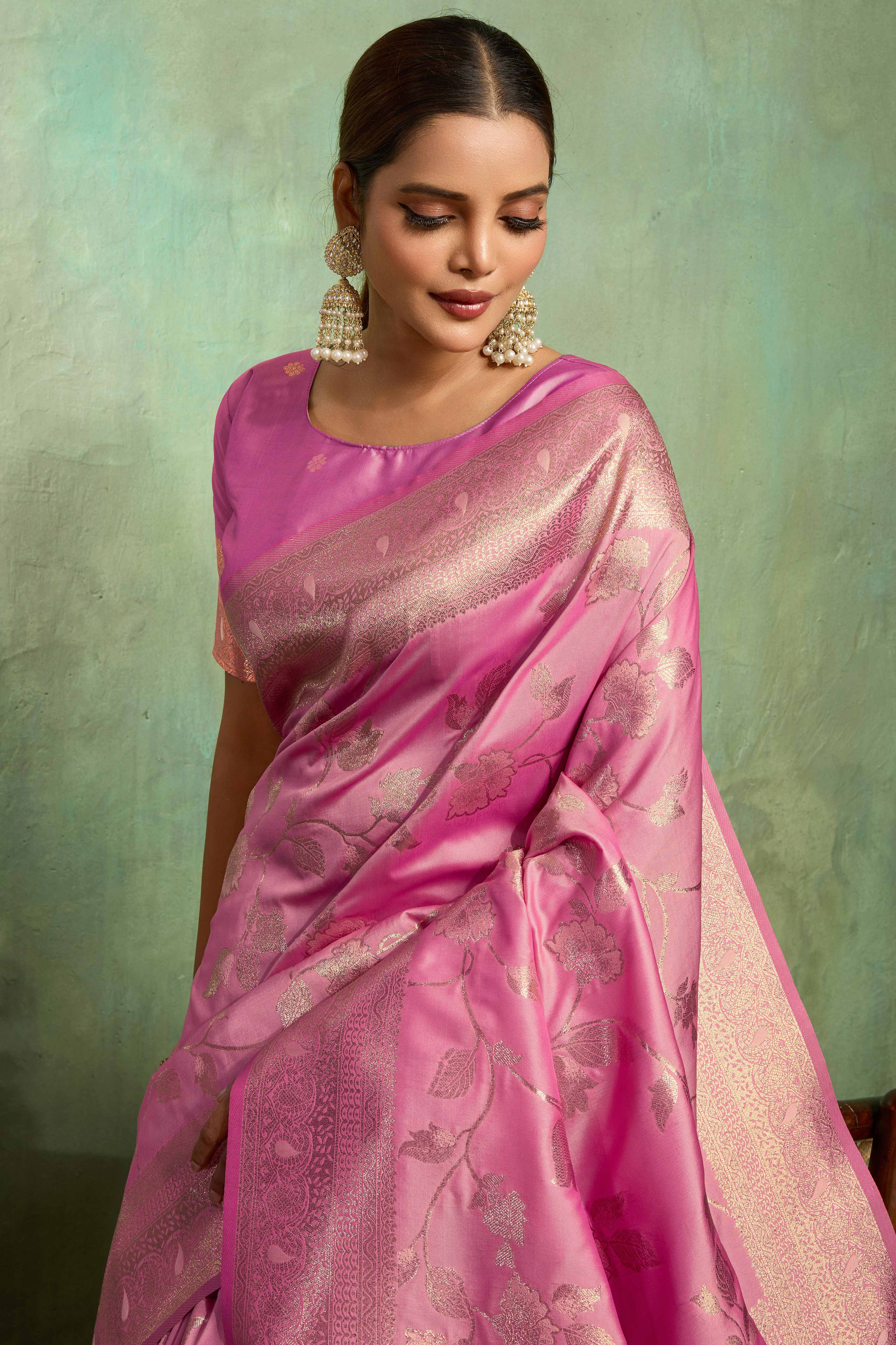 Pink Dual Tone Banarasi Silk Saree Accented with Meenakari Weaves