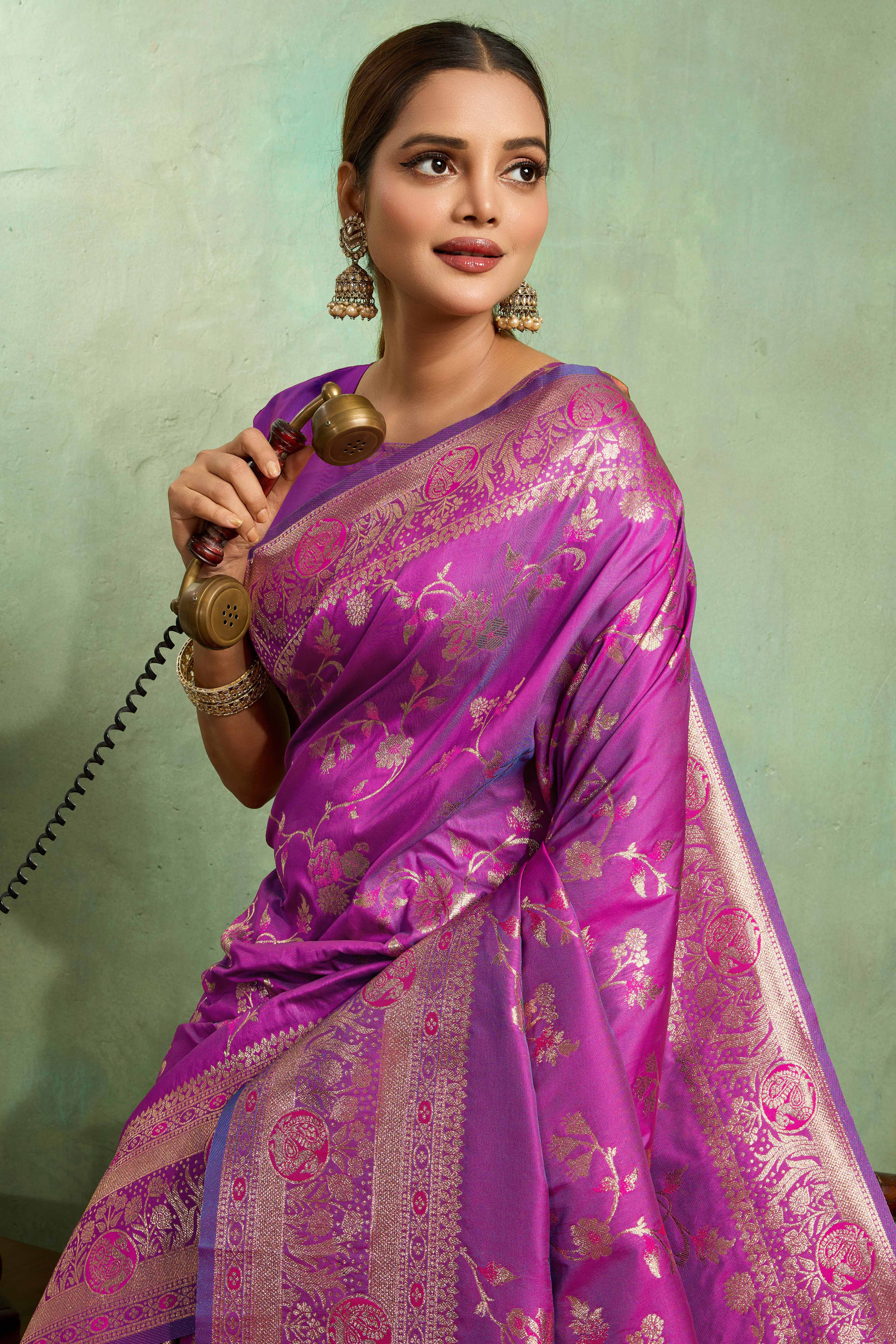 Purple Dual Tone Banarasi Silk Saree Accented with Meenakari Weaves