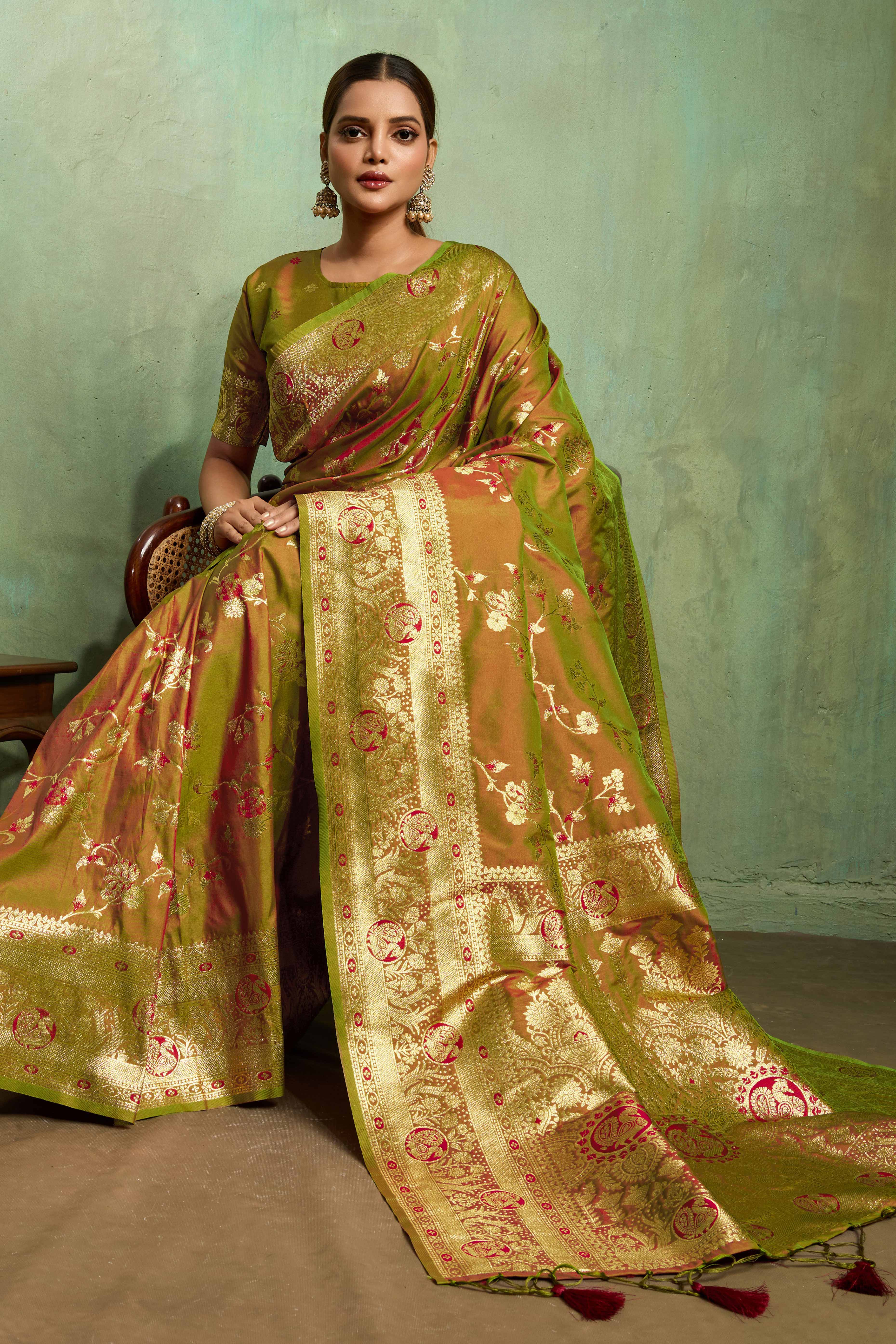 Olive Dual Tone Banarasi Silk Saree Accented with Meenakari Weaves