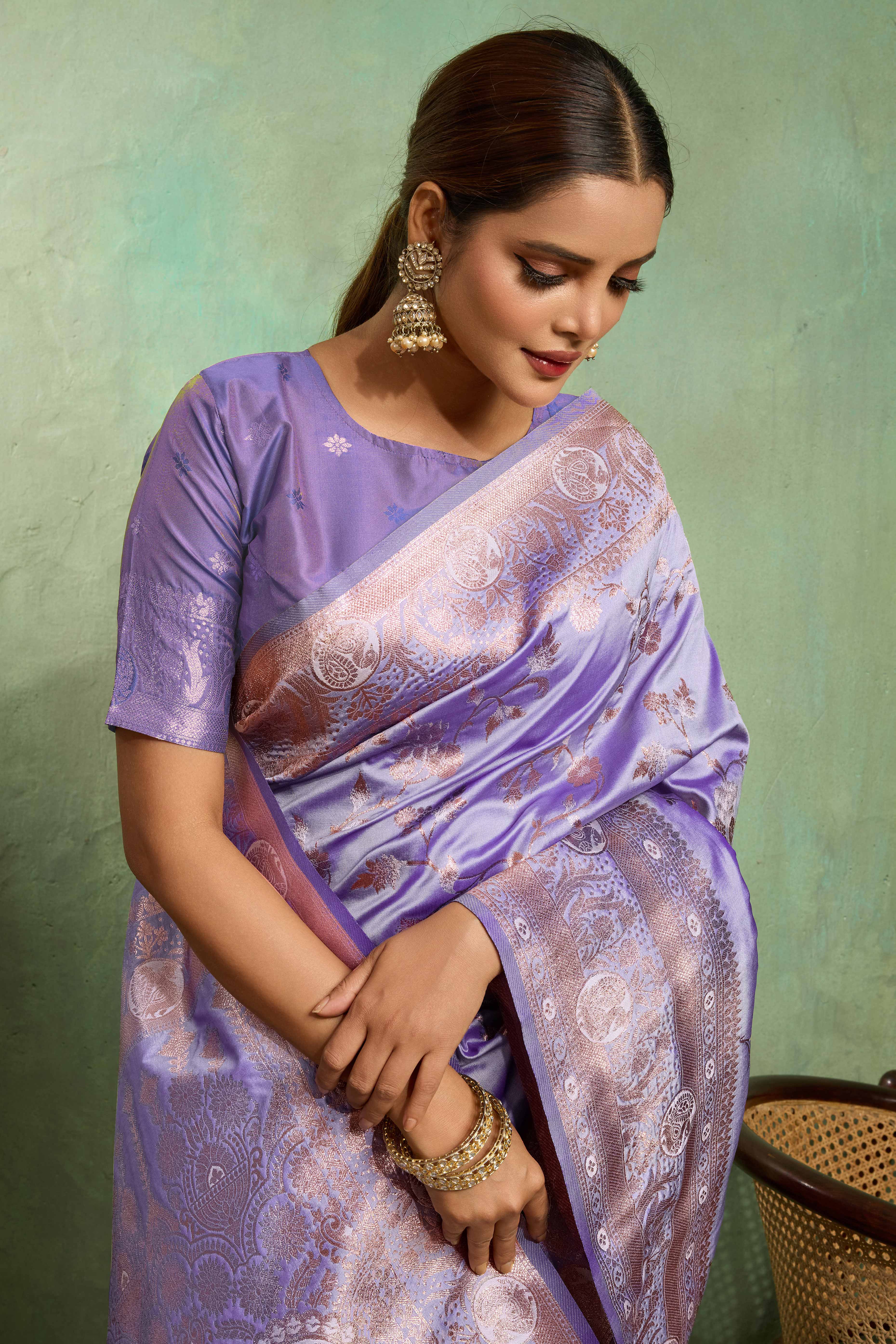 Lavender Dual Tone Banarasi Silk Saree Accented with Meenakari Weaves
