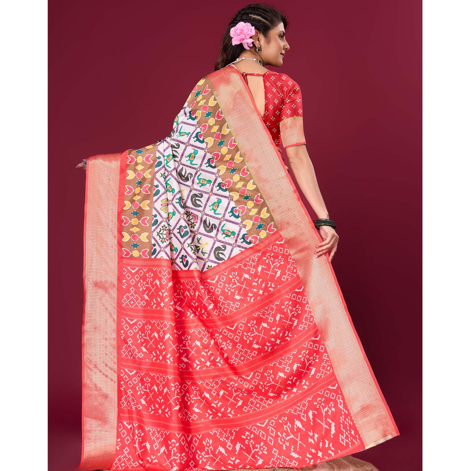 White & Red Digital Patola Printed With Woven Border Dola Silk Saree