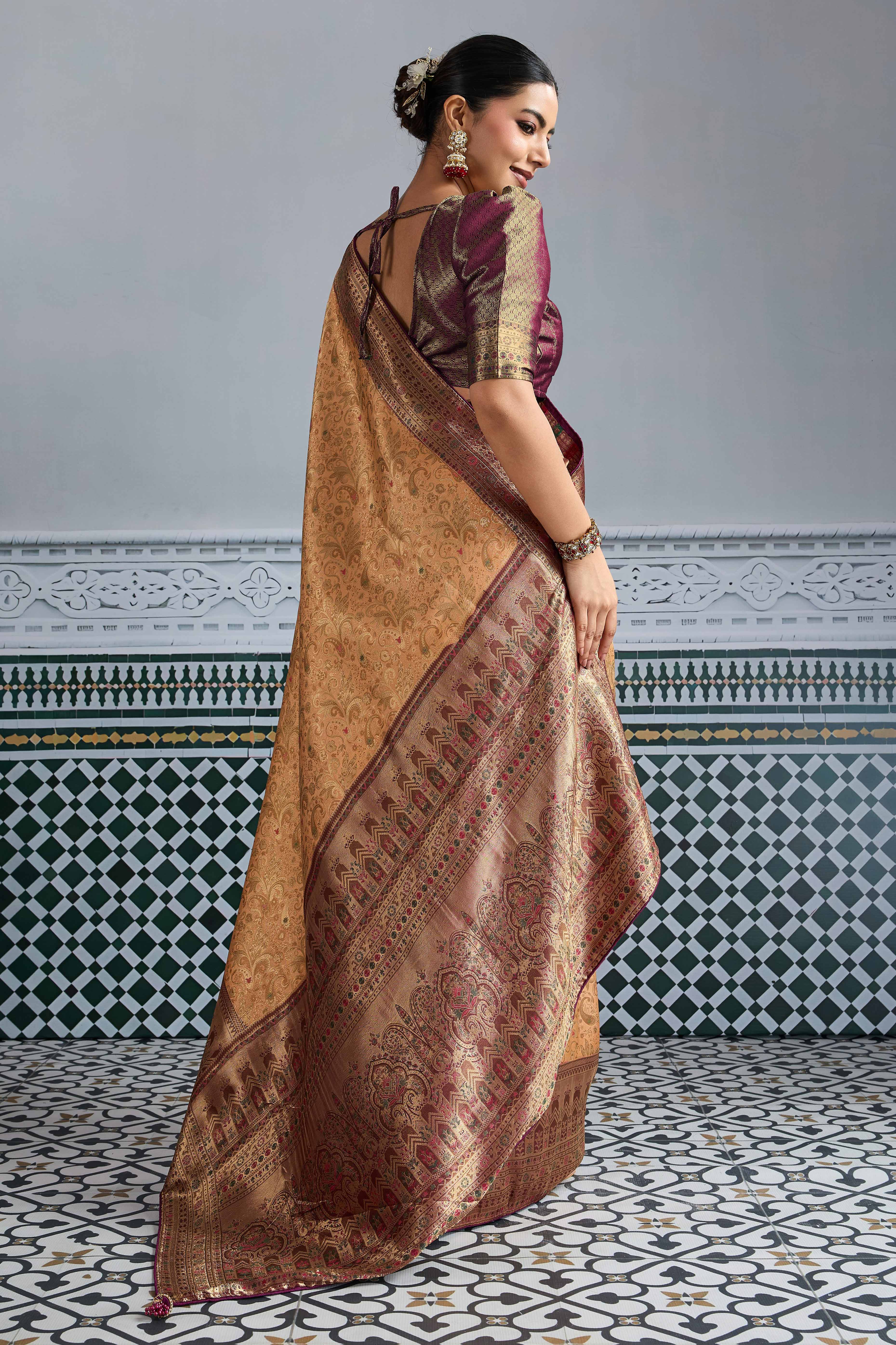 Peach Floral Meenakari Weaving Kanjivaram Silk Saree With Rich Piping & Tassel Pallu