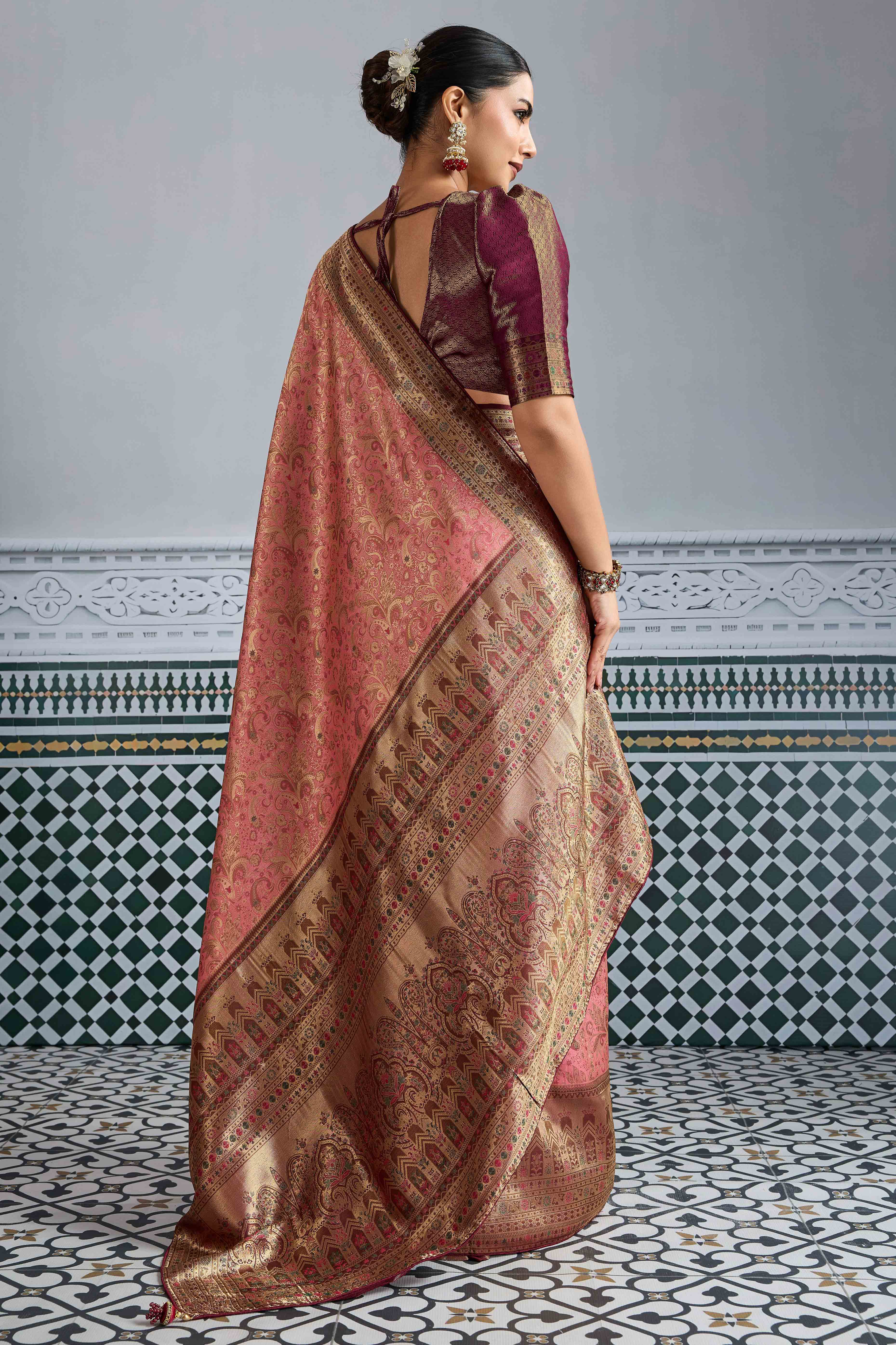 Pink Floral Meenakari Weaving Kanjivaram Silk Saree With Rich Piping & Tassel Pallu