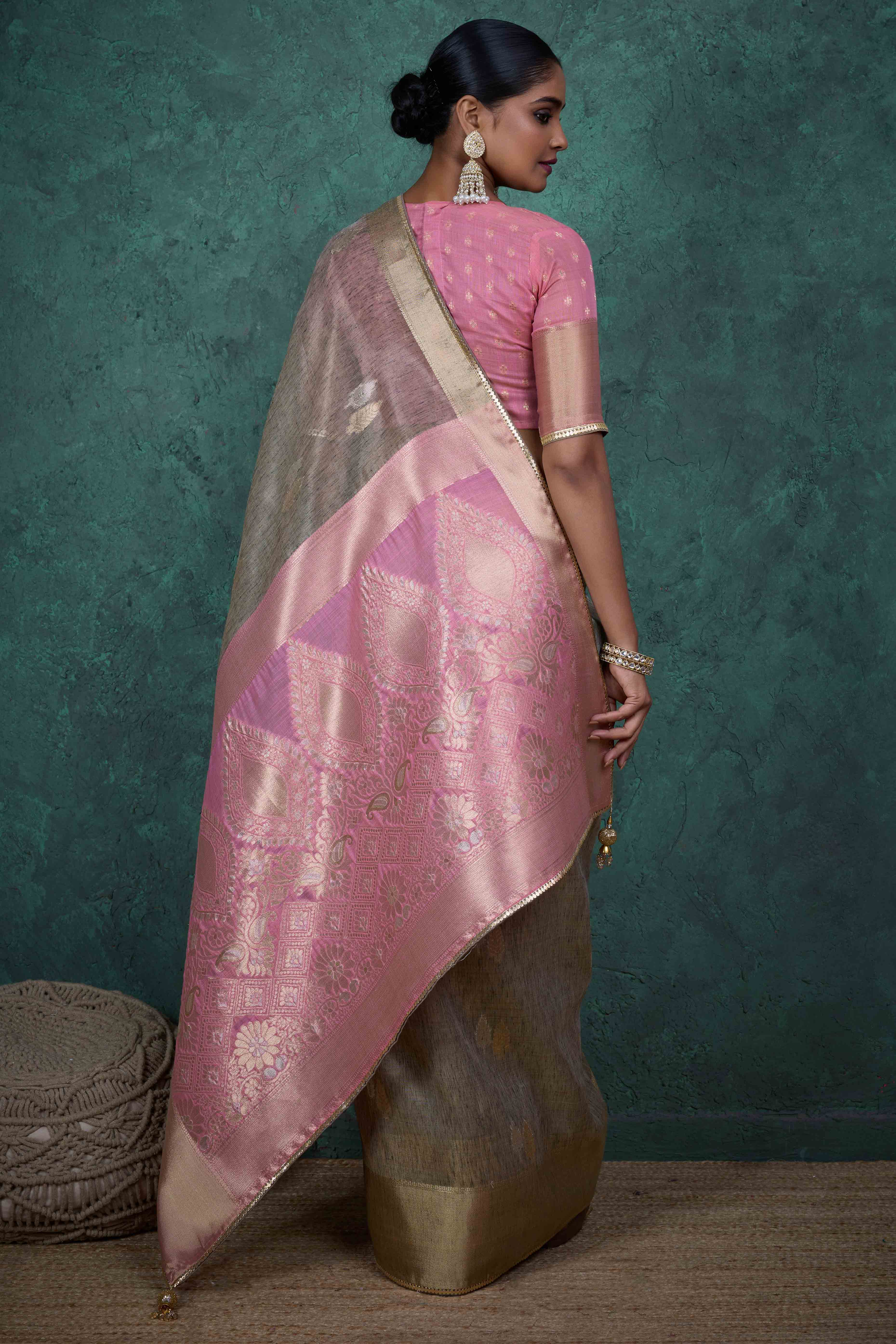Taupe Grey Ethnic Cotton Blend Saree with Shimmering Zari Butti Weaves