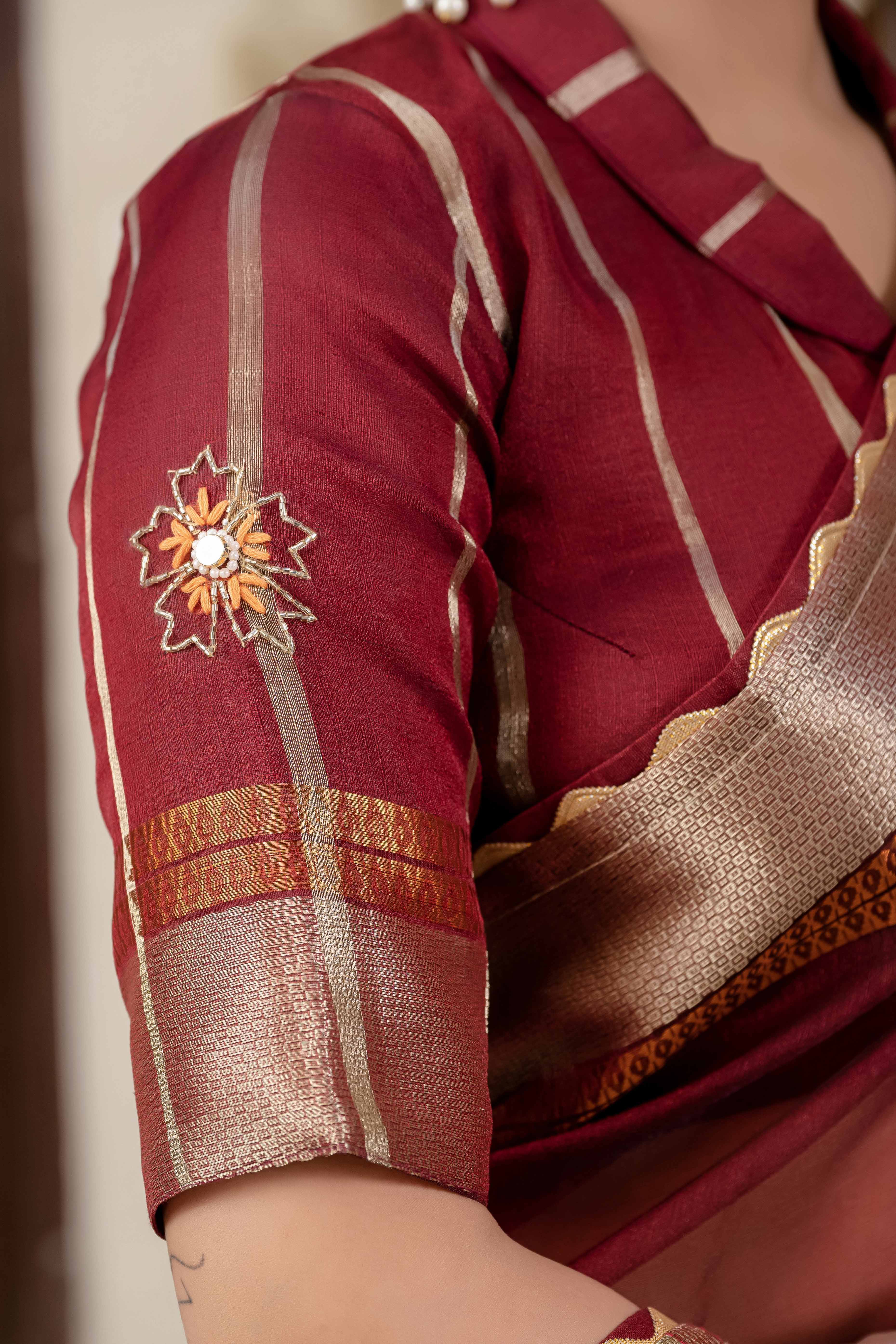 Maroon Floral Beads & Cutdana Handwork Kota Linen Saree With Zari Woven Pallu