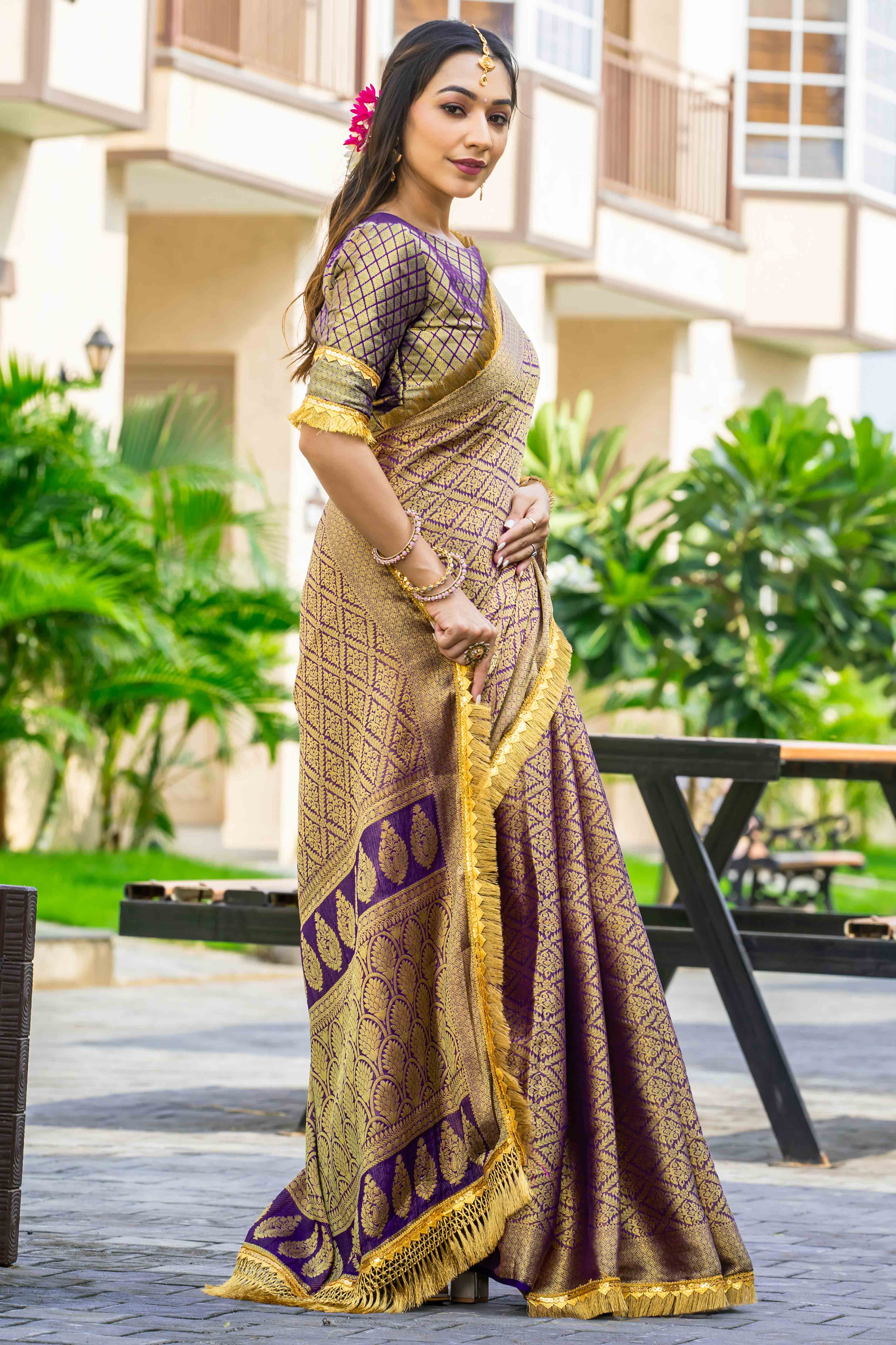 Purple Zari Weaving Mysore Brocade Silk Saree With Zari Border