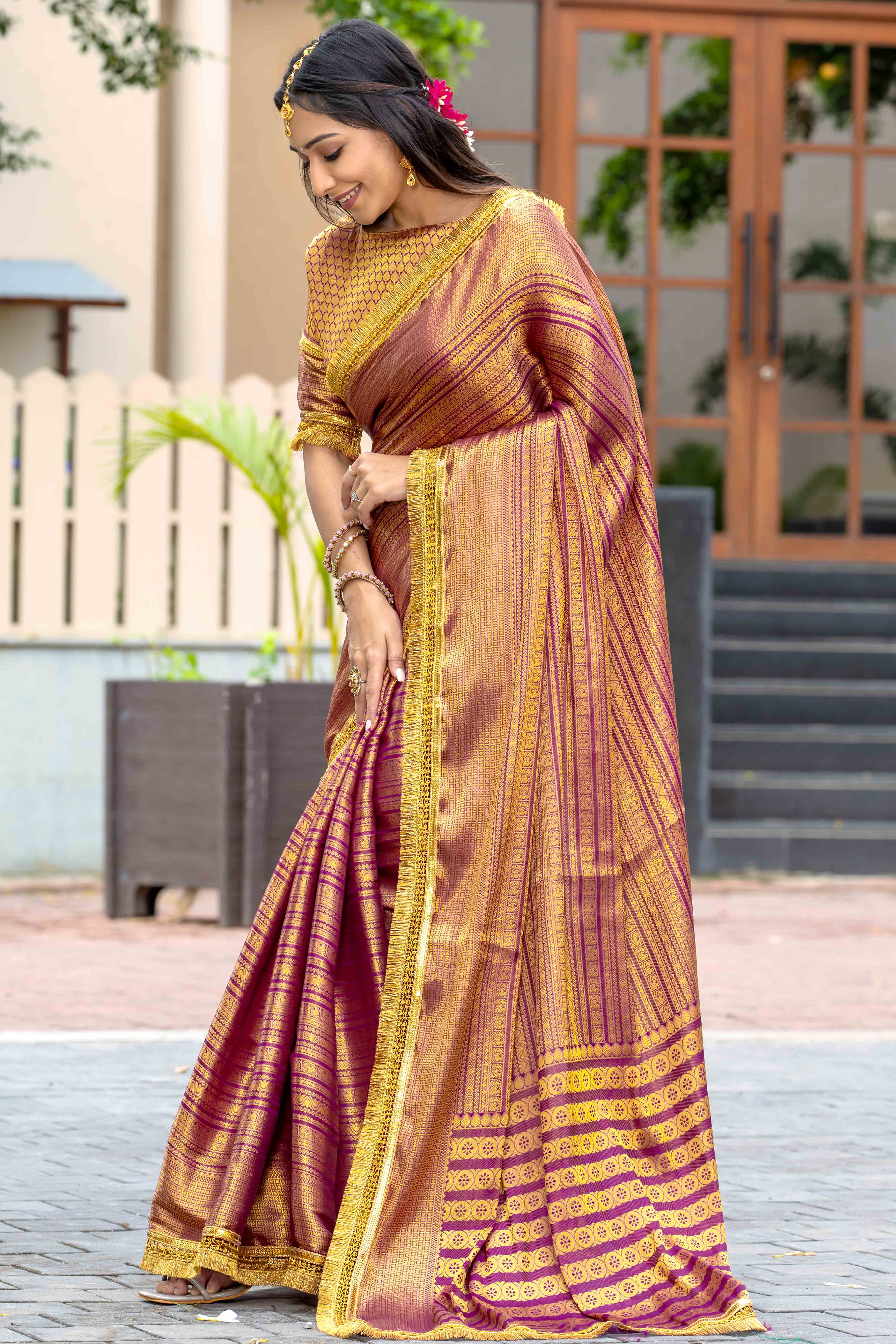 Wine Zari Weaving Mysore Brocade Silk Saree With Zari Border