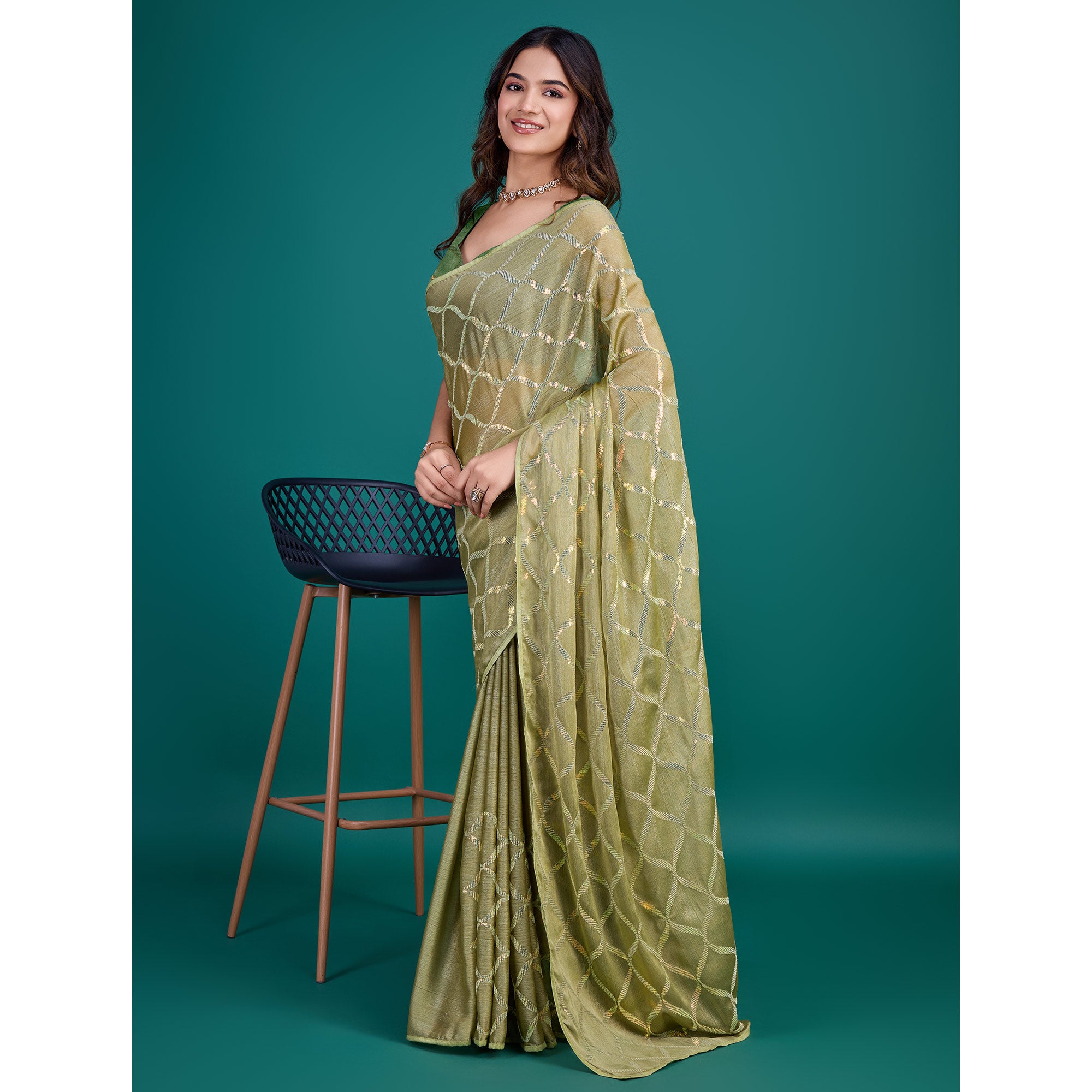 Green Sequins Embroidered Georgette Saree