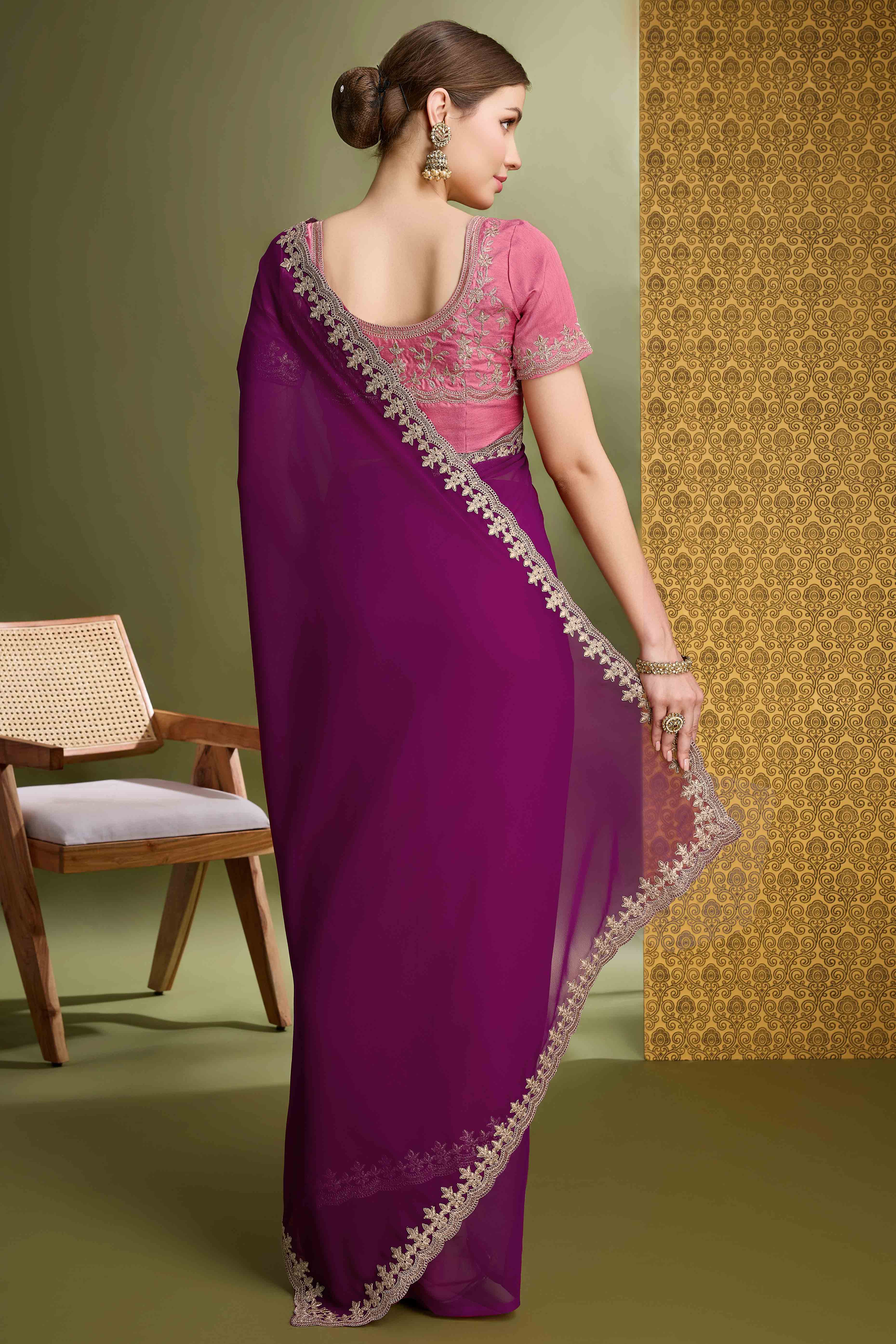 Purple Solid With Zari Embroidered Georgette Saree