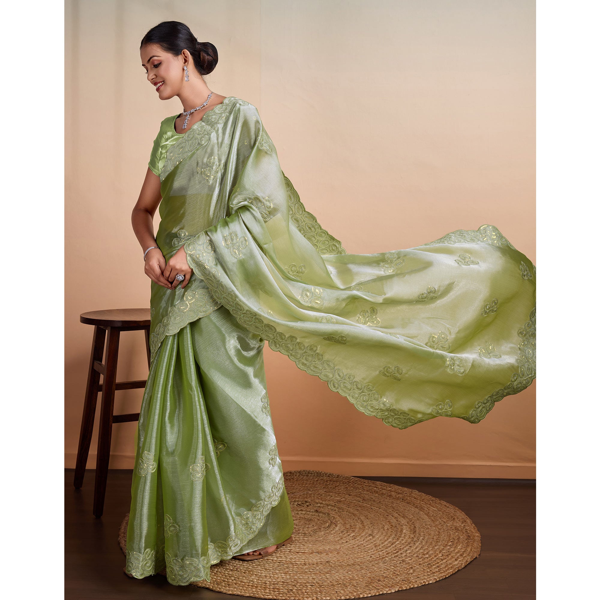Green Sequins Embroidered Organza Saree