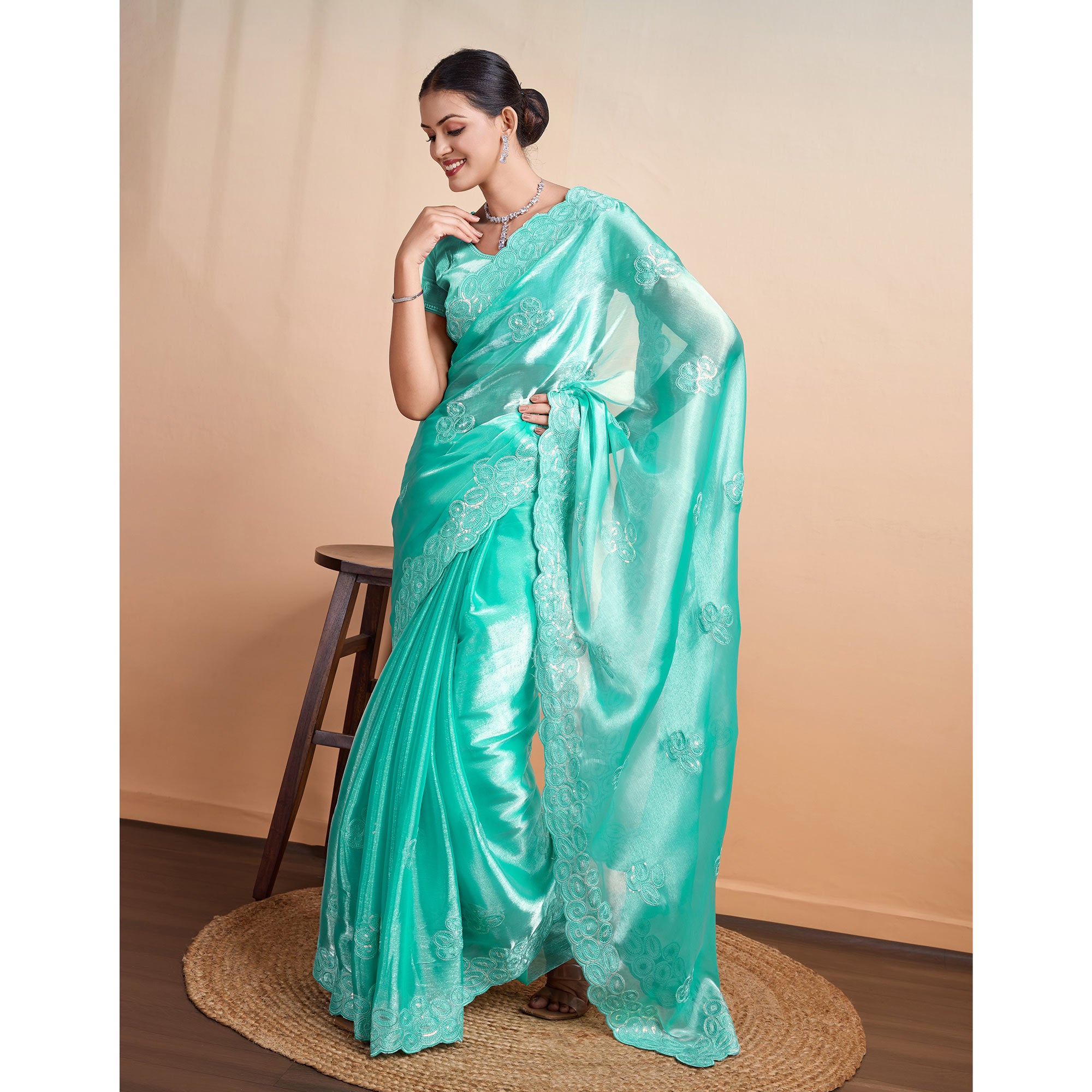 Rama Green Sequins Embroidered Organza Saree