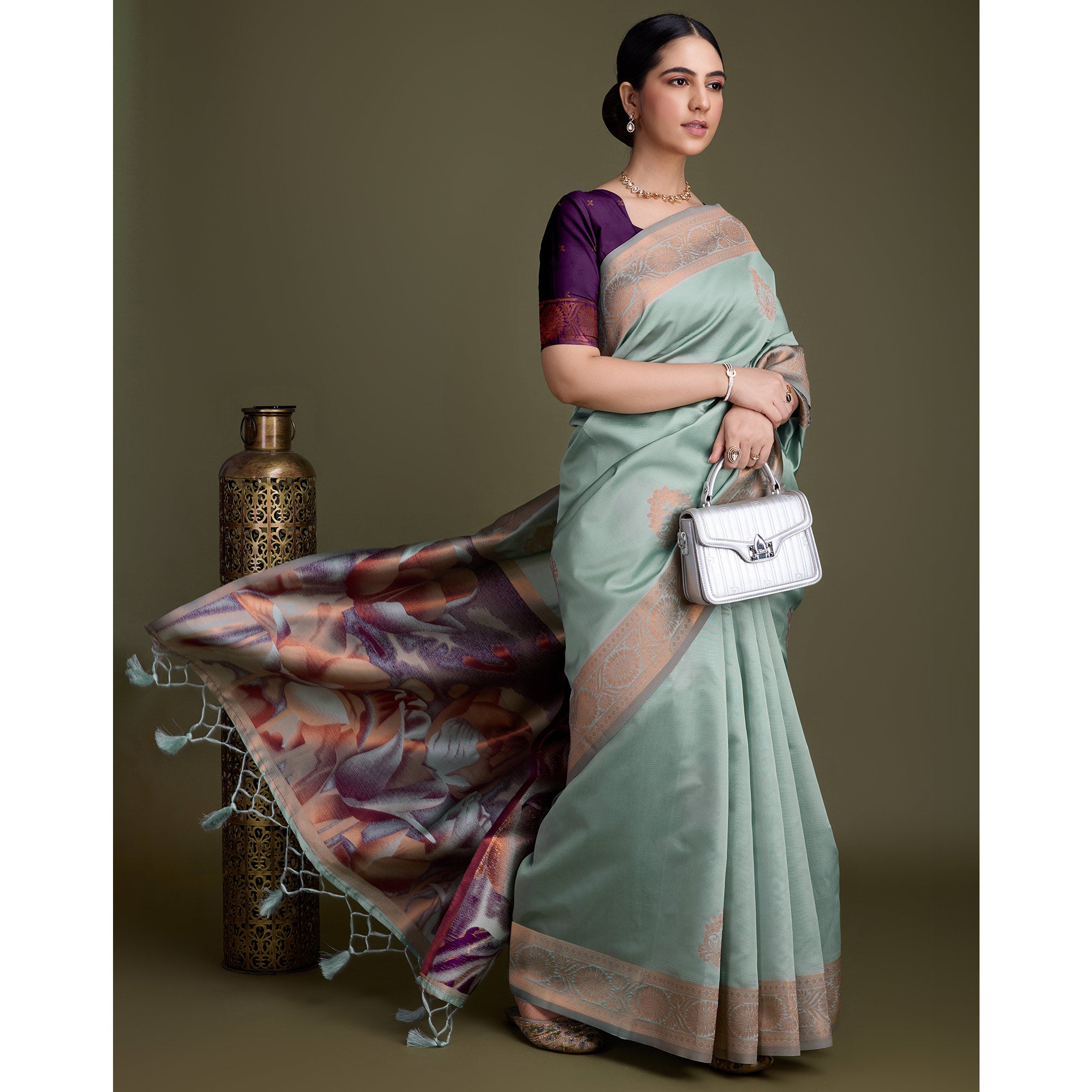 Sea Green Floral Woven Banarasi Silk Saree