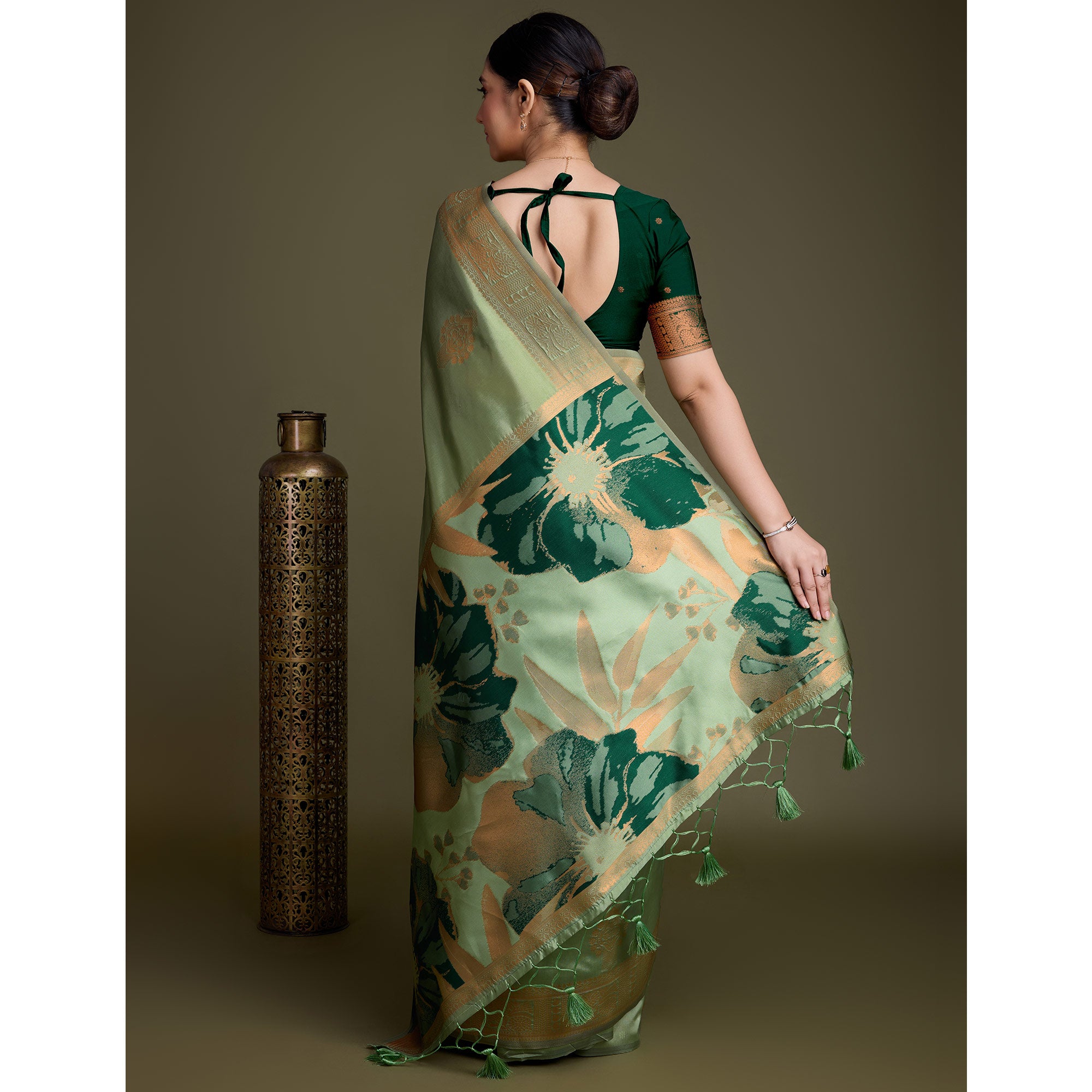 Green Floral Woven Banarasi Silk Saree