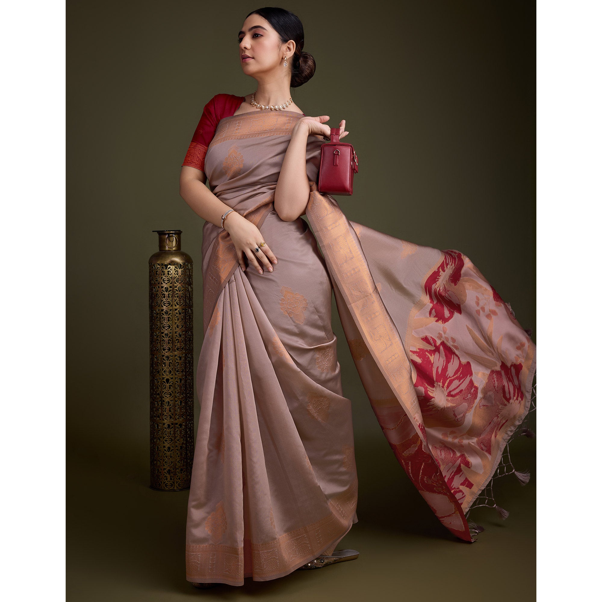Mauve Floral Woven Banarasi Silk Saree