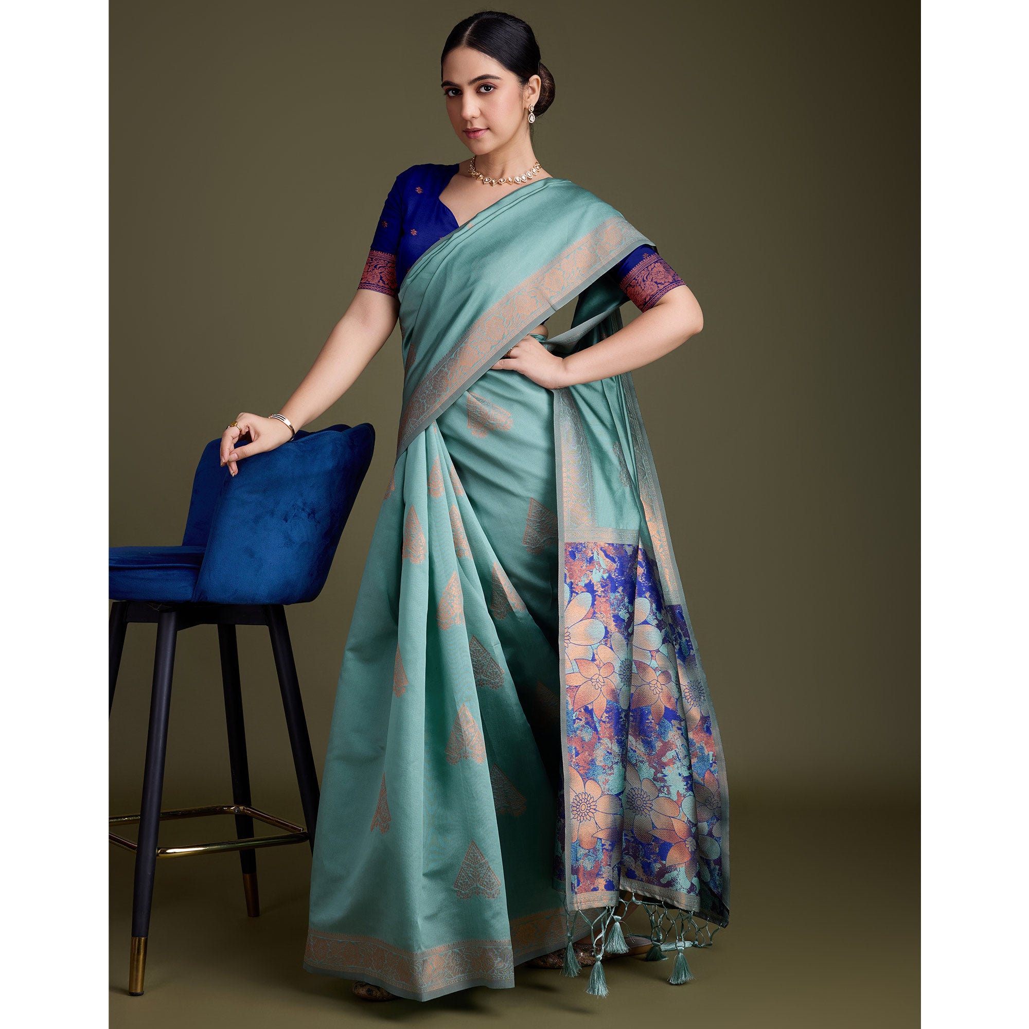 Turquoise Floral Woven Banarasi Silk Saree