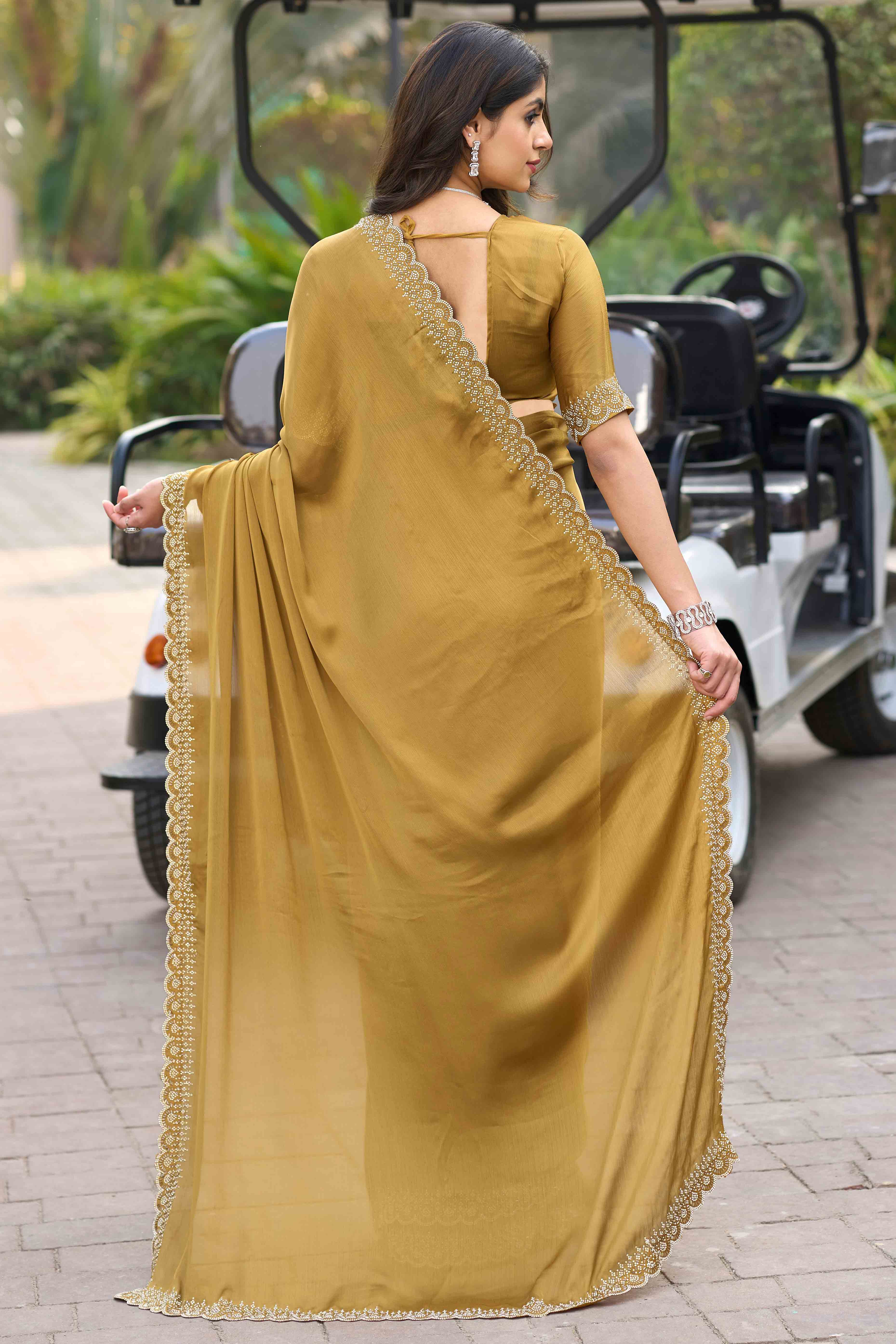 Mustard Solid Satin Chiffon Saree With Cutdana & Zarkan Handwork