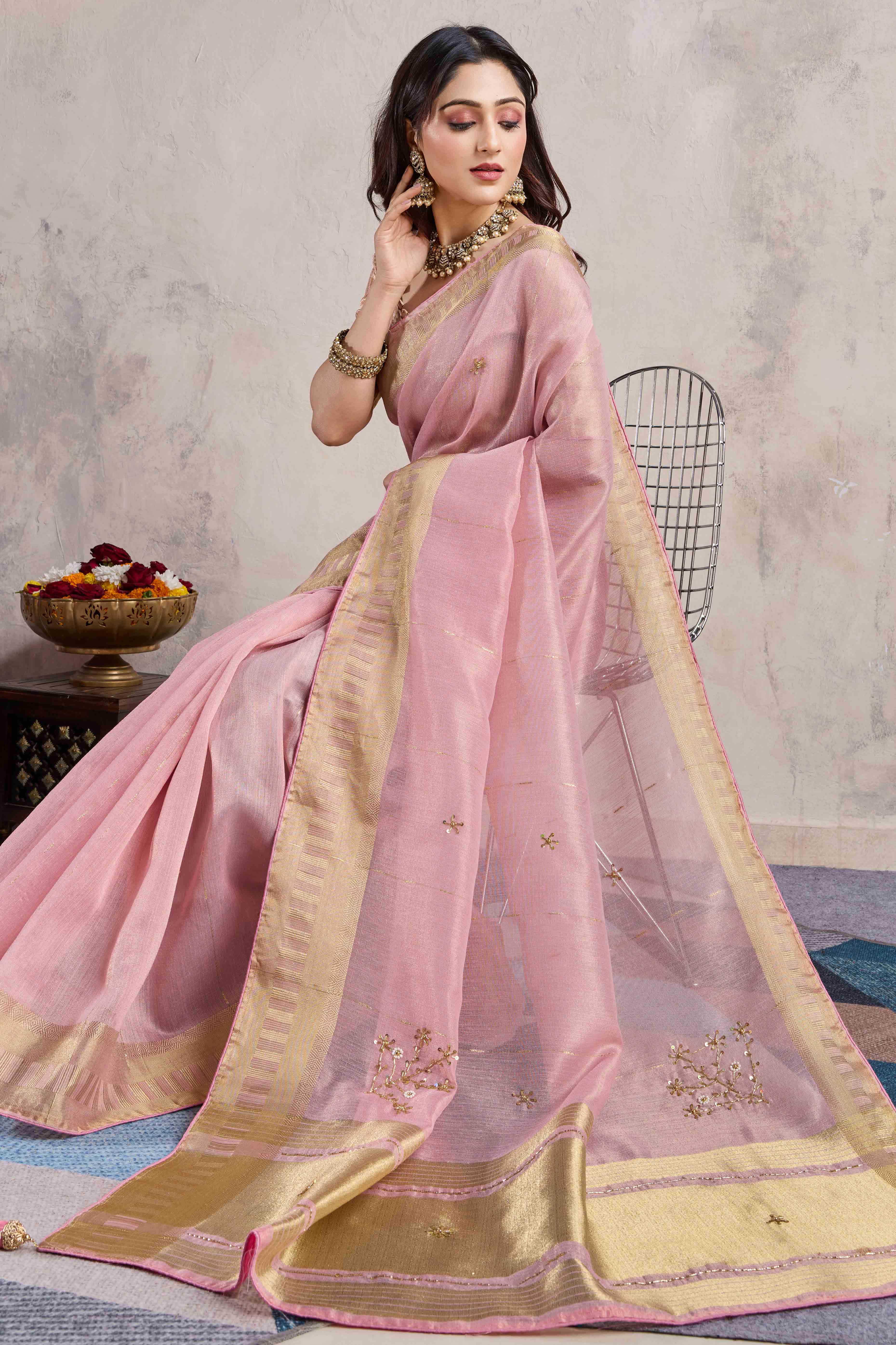 Pink Beads Work Woven Linen Slub Saree
