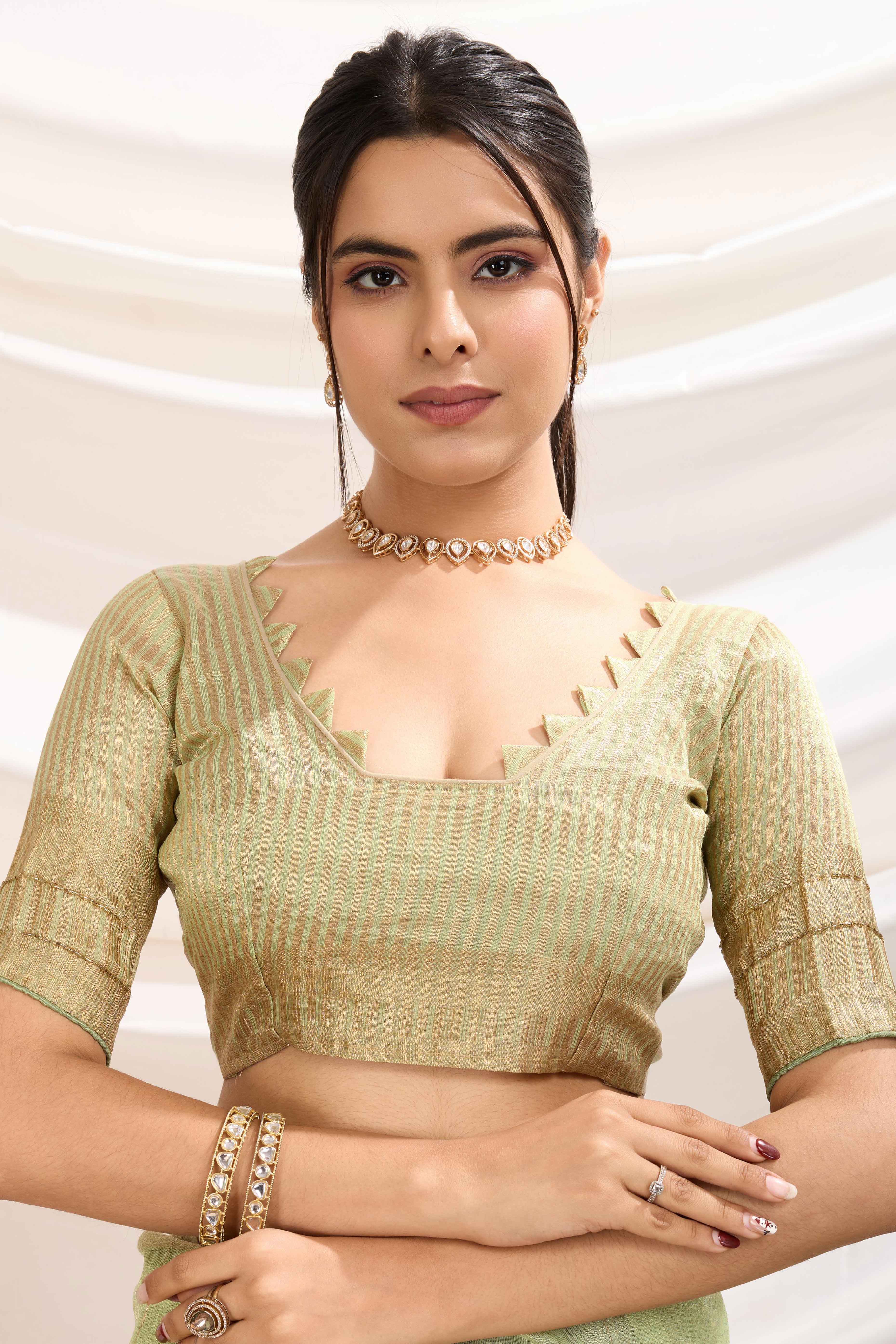 Green Linen Tissue Saree With Hand-Stitched Moti & Cutdana Work