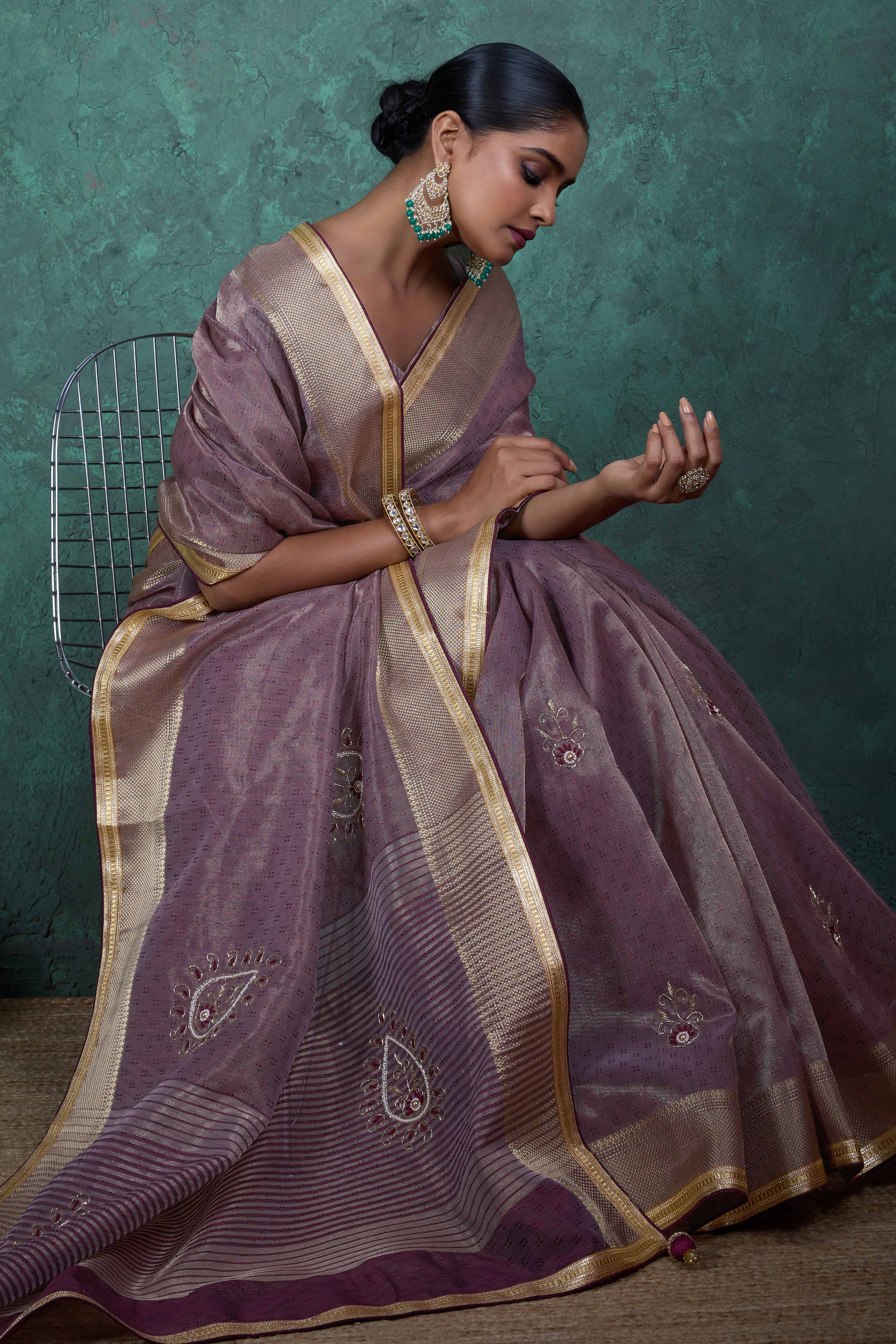 Purple Woven Linen Tissue Saree Featuring Beads Embellishment