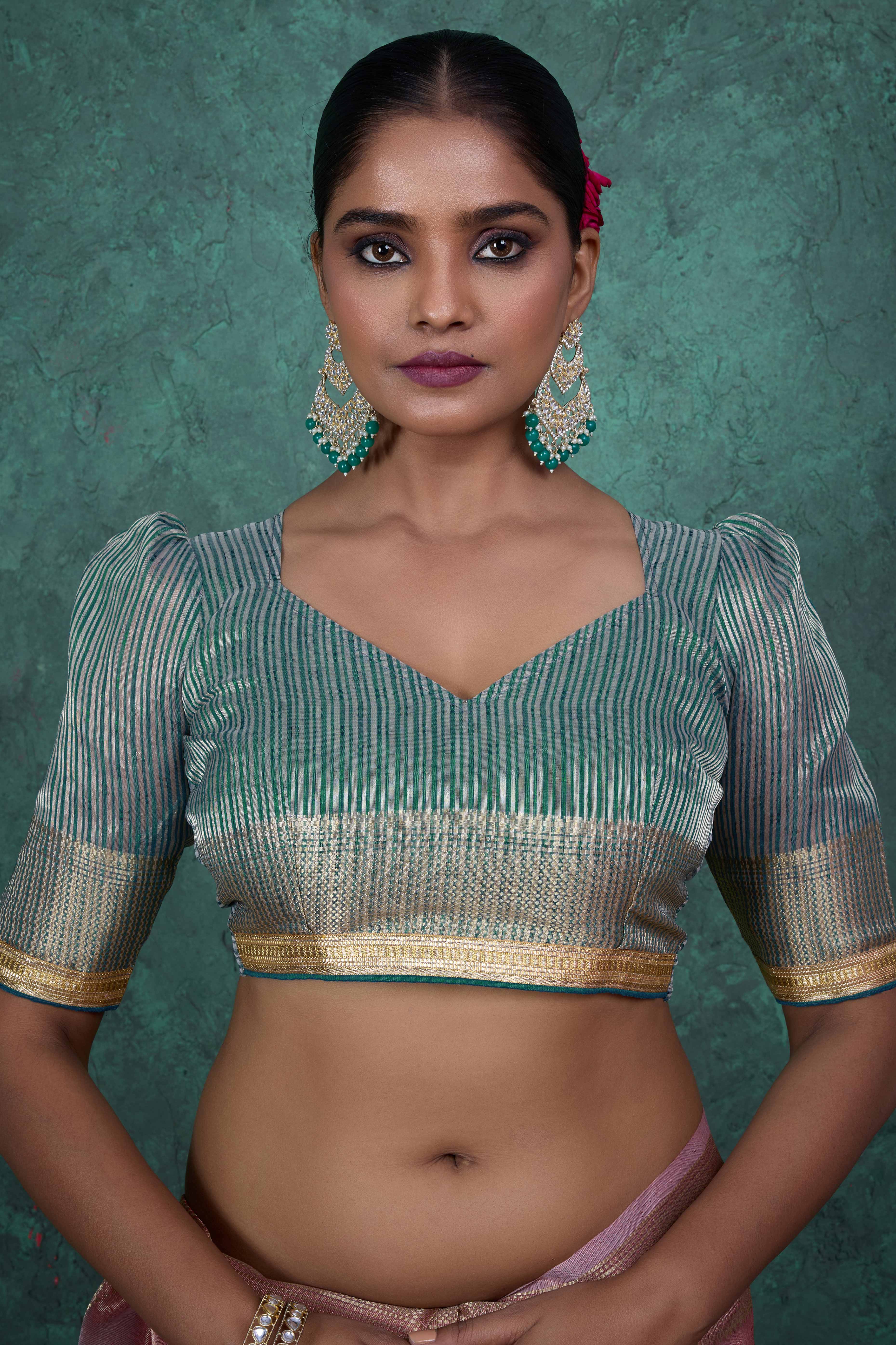 Greyish Green Woven Linen Tissue Saree Featuring Beads Embellishment