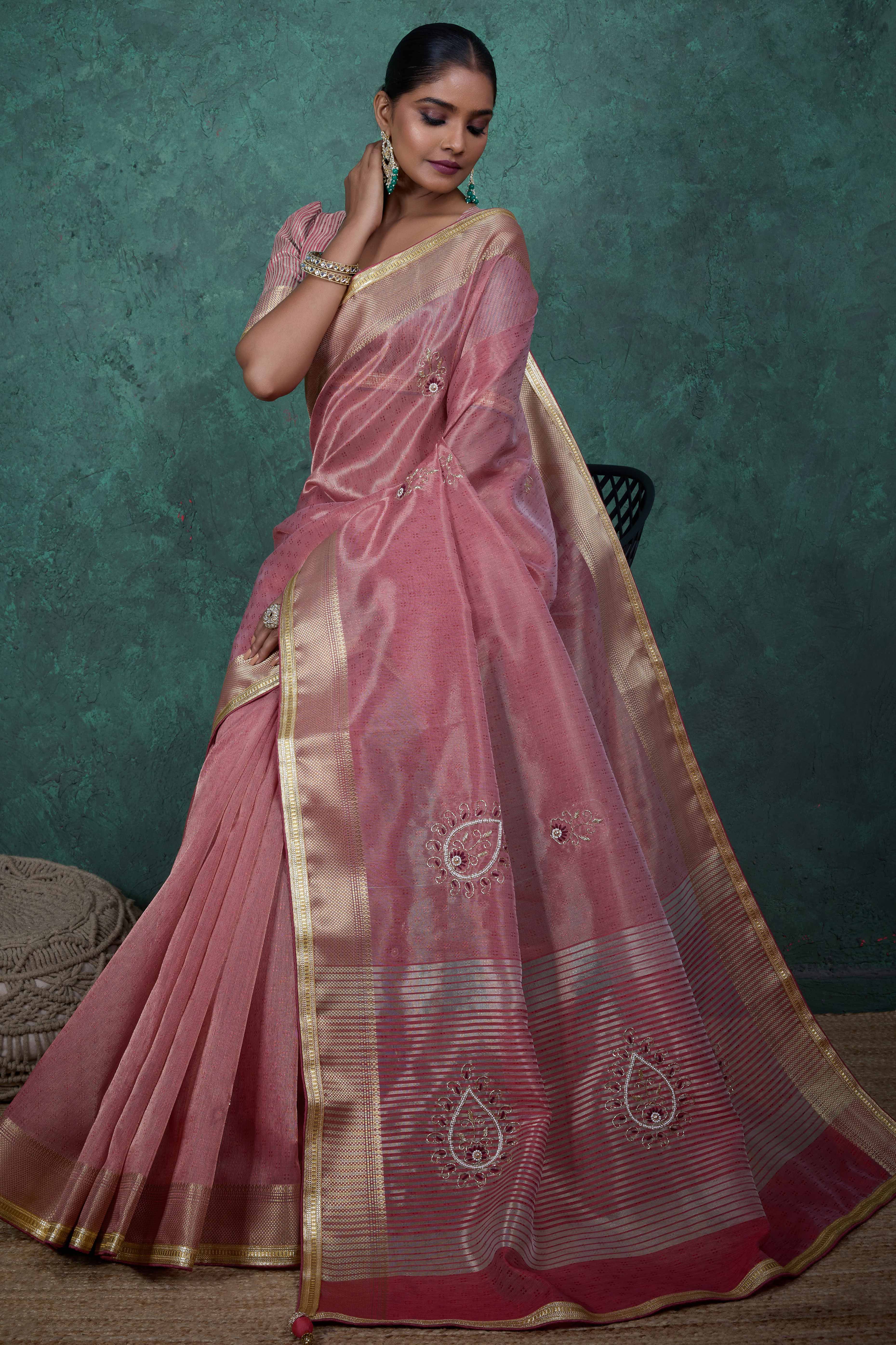 Pink Woven Linen Tissue Saree Featuring Beads Embellishment