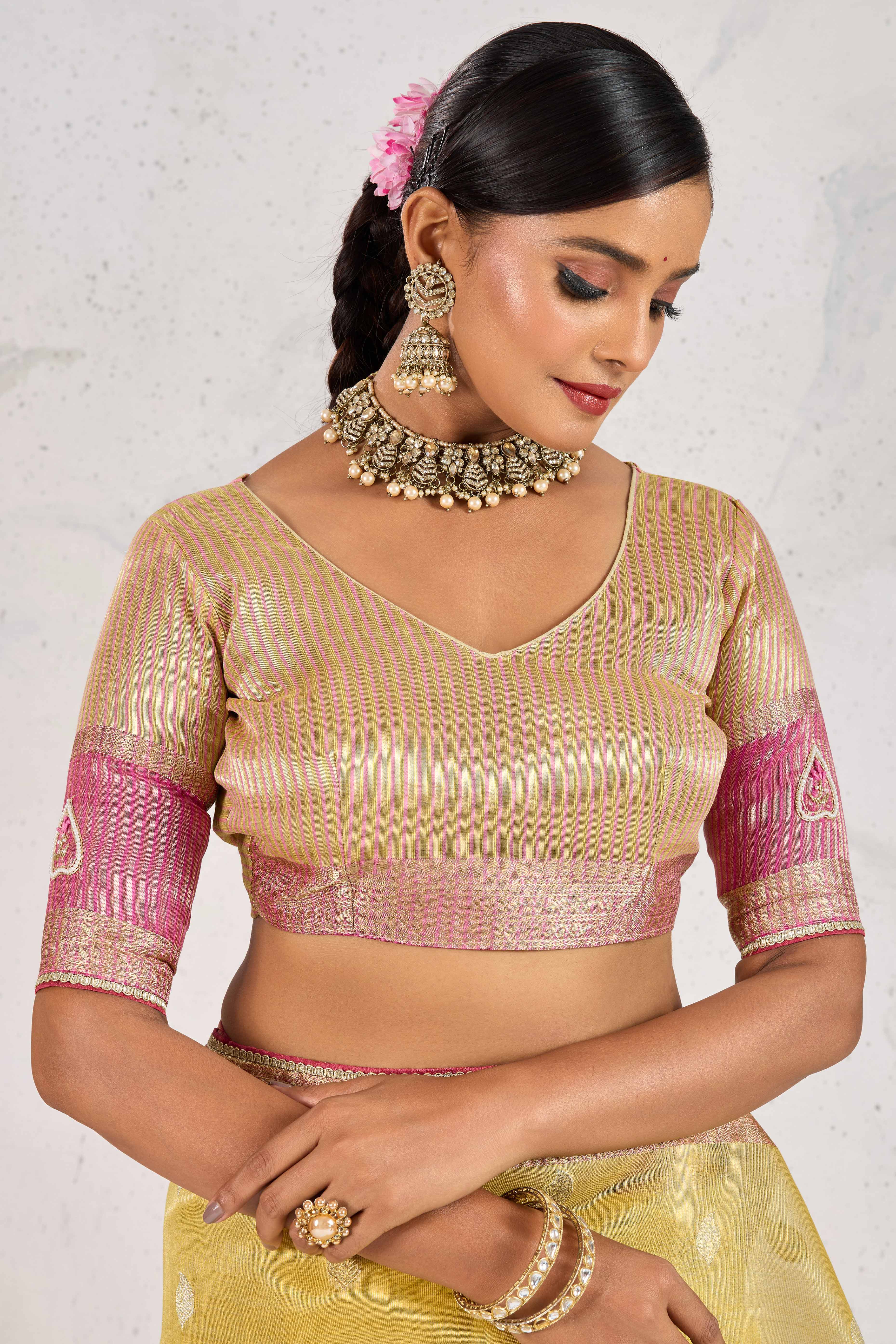 Yellow Designer Tissue Linen Woven Saree with Luxe Zari and Beads Work